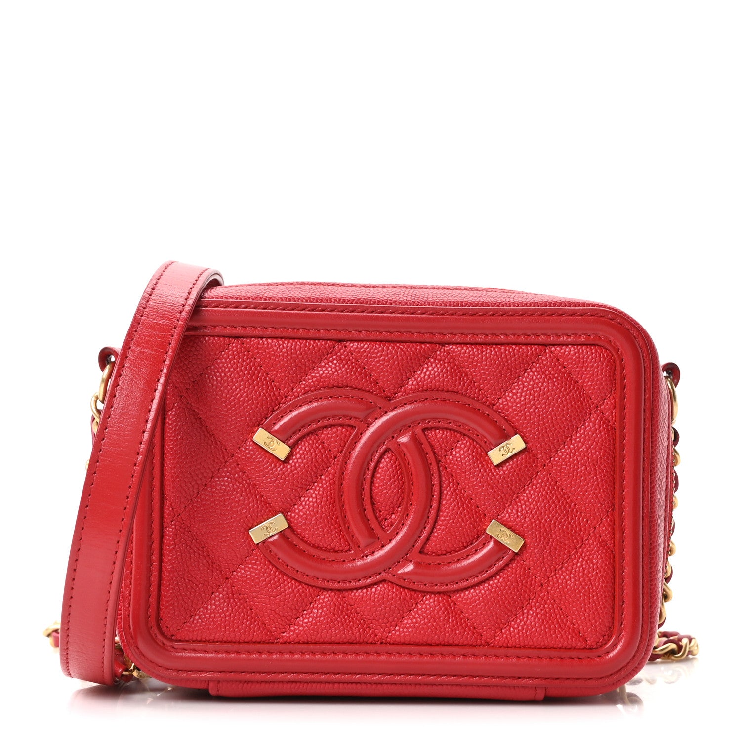 CHANEL CCフィリグリー　バニティ　レッド Chanel Caviar Quilted Filigree Vanity Clutch With Chain Red