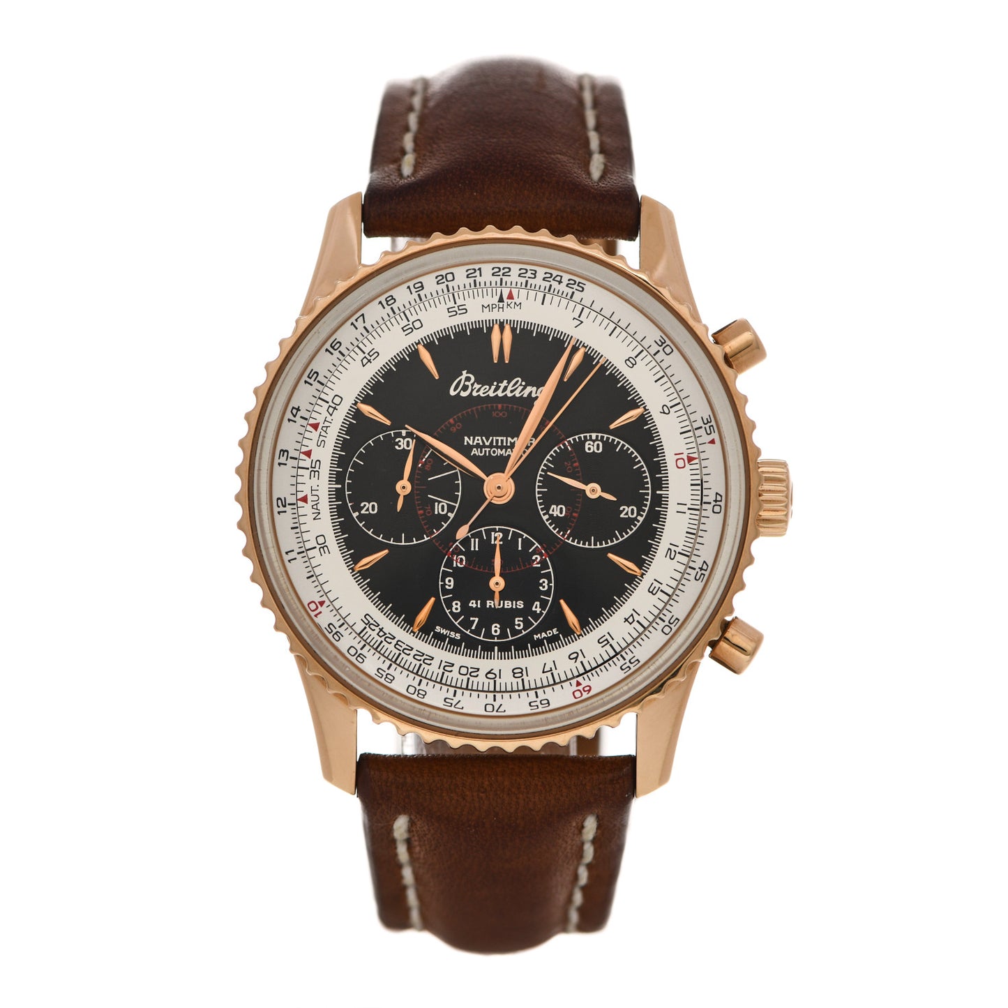 18K Rose Gold Calfskin 38mm Navitimer Montbrillant Chronograph Automatic Watch Black H30030.1