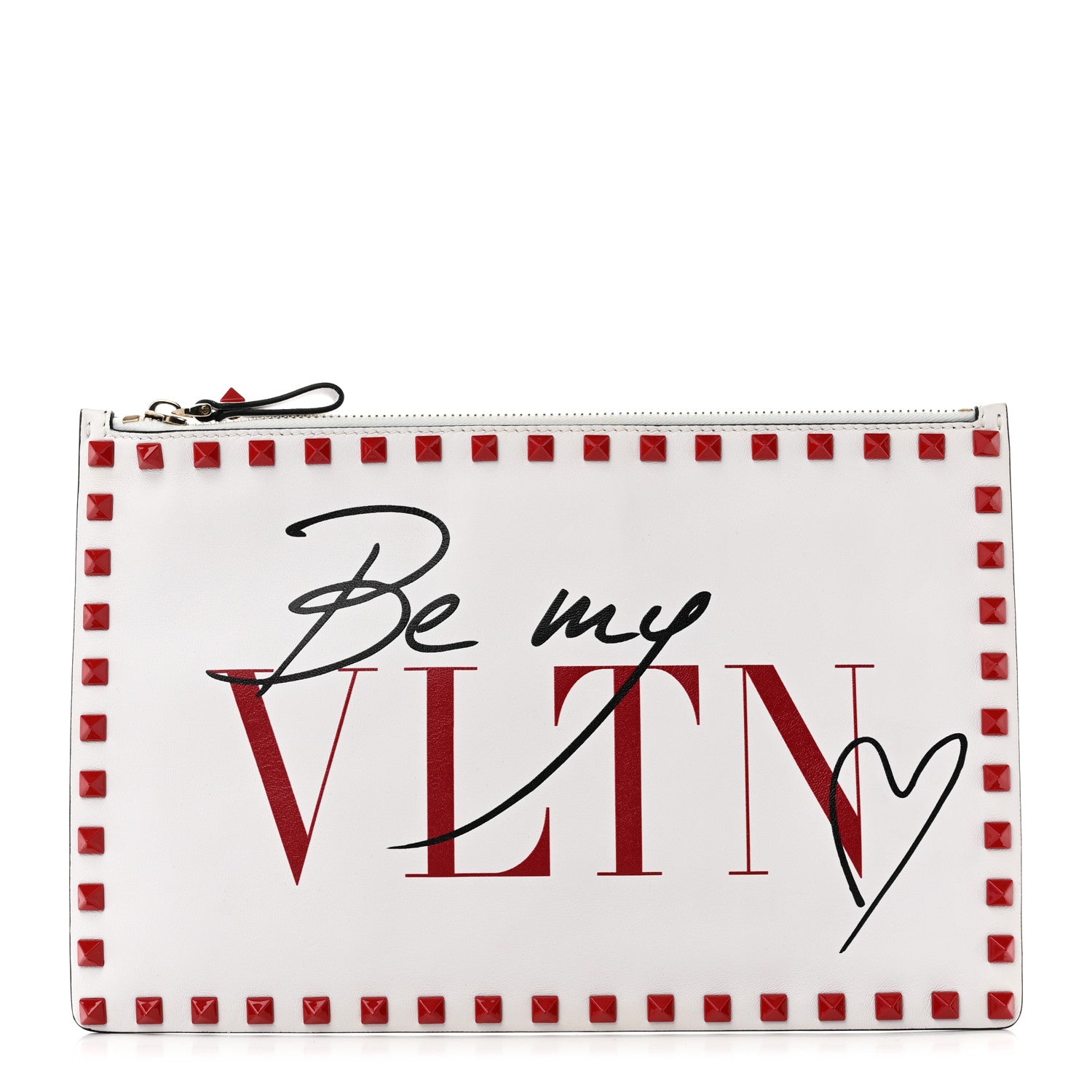 Valentino Garavani Rockstud Calfskin Be My VLTN Large Flat Zip Pouch White 1 of 6