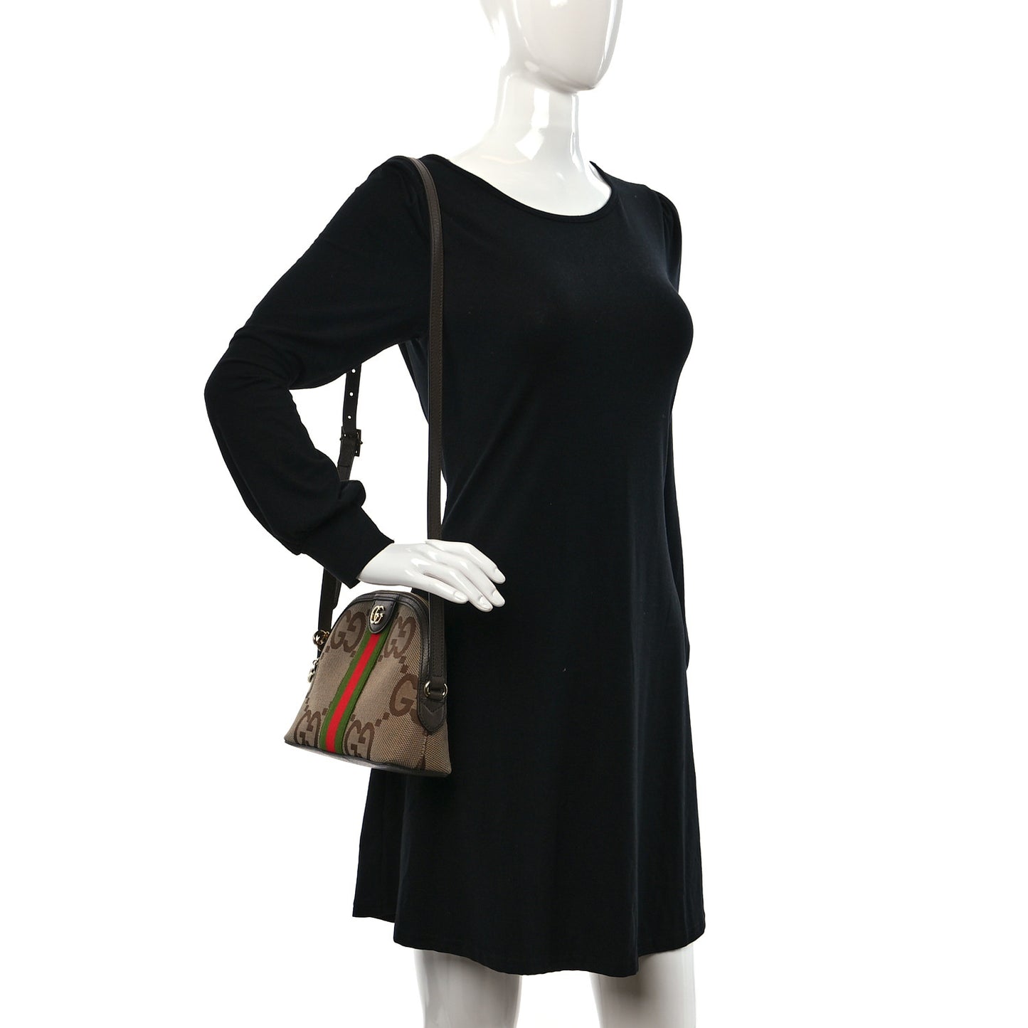 Monogram Jumbo GG Textured Dollar Calfskin Web Small Ophidia Dome Shoulder Bag Camel Ebony New Acero