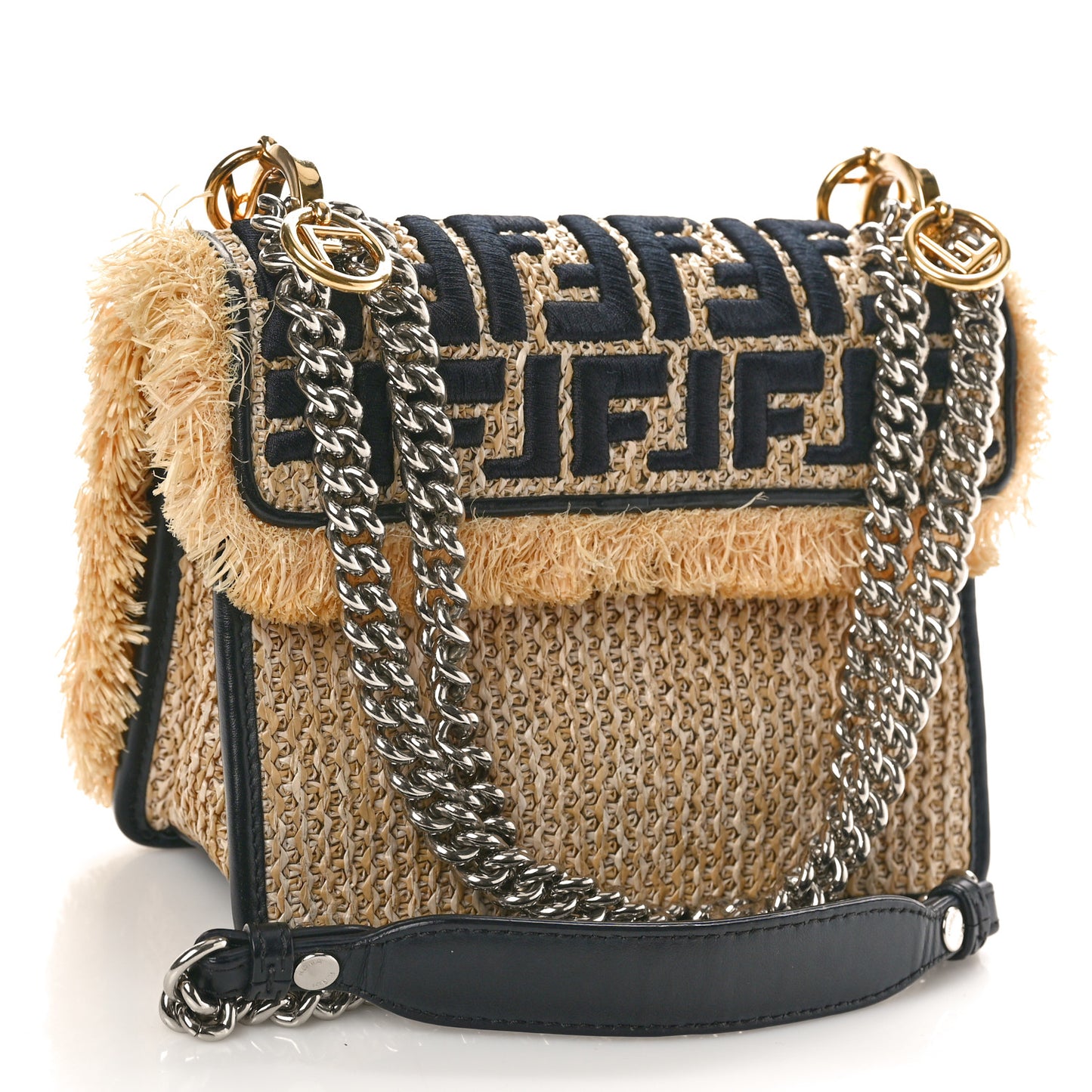 Raffia Vitello Century F is Fendi FF Embroidered Fringe Small Kan I Shoulder Bag Natural Black