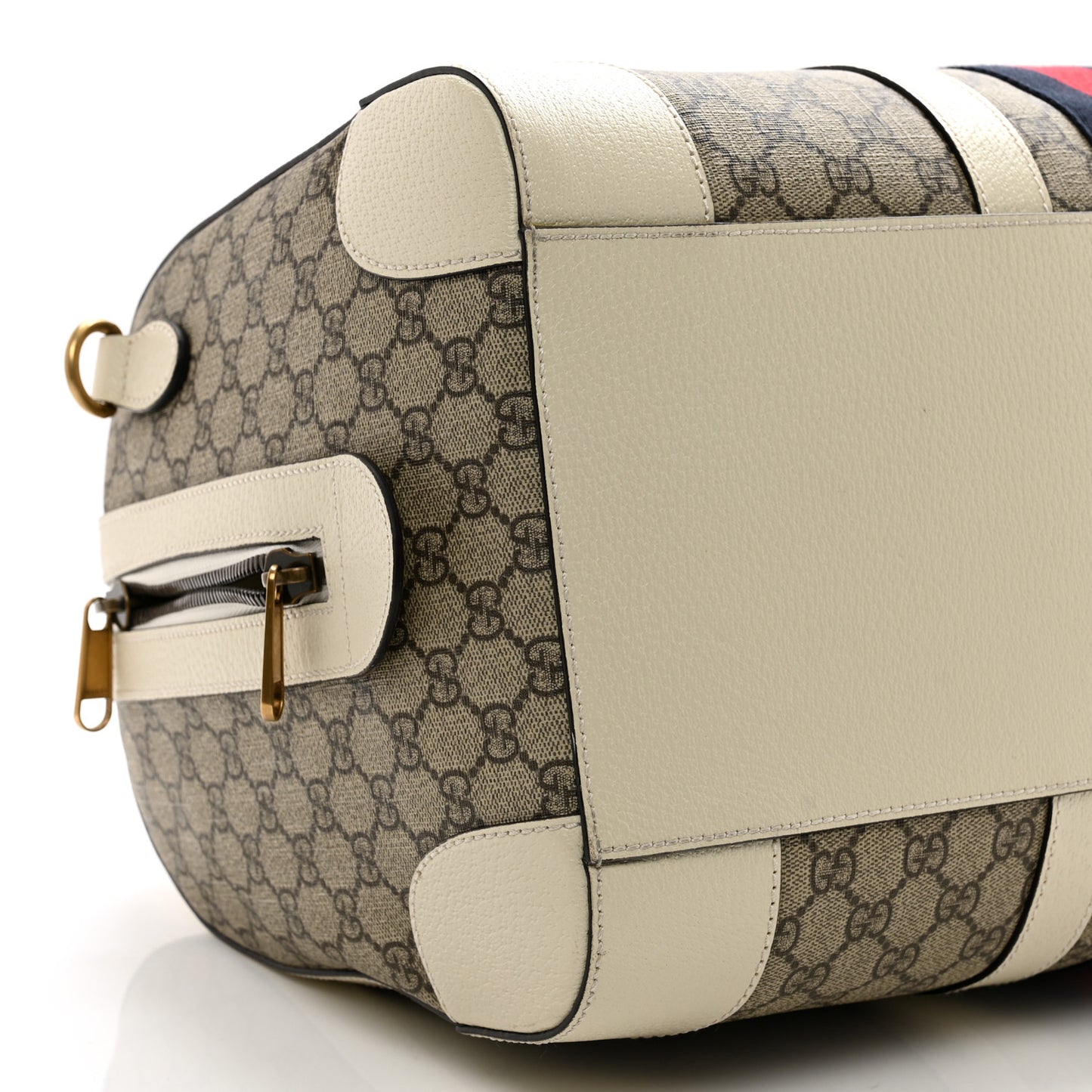 GG Supreme Monogram Textured Dollar Calfskin Web Medium Ophidia Duffle Bag Beige Ebony Mystic White