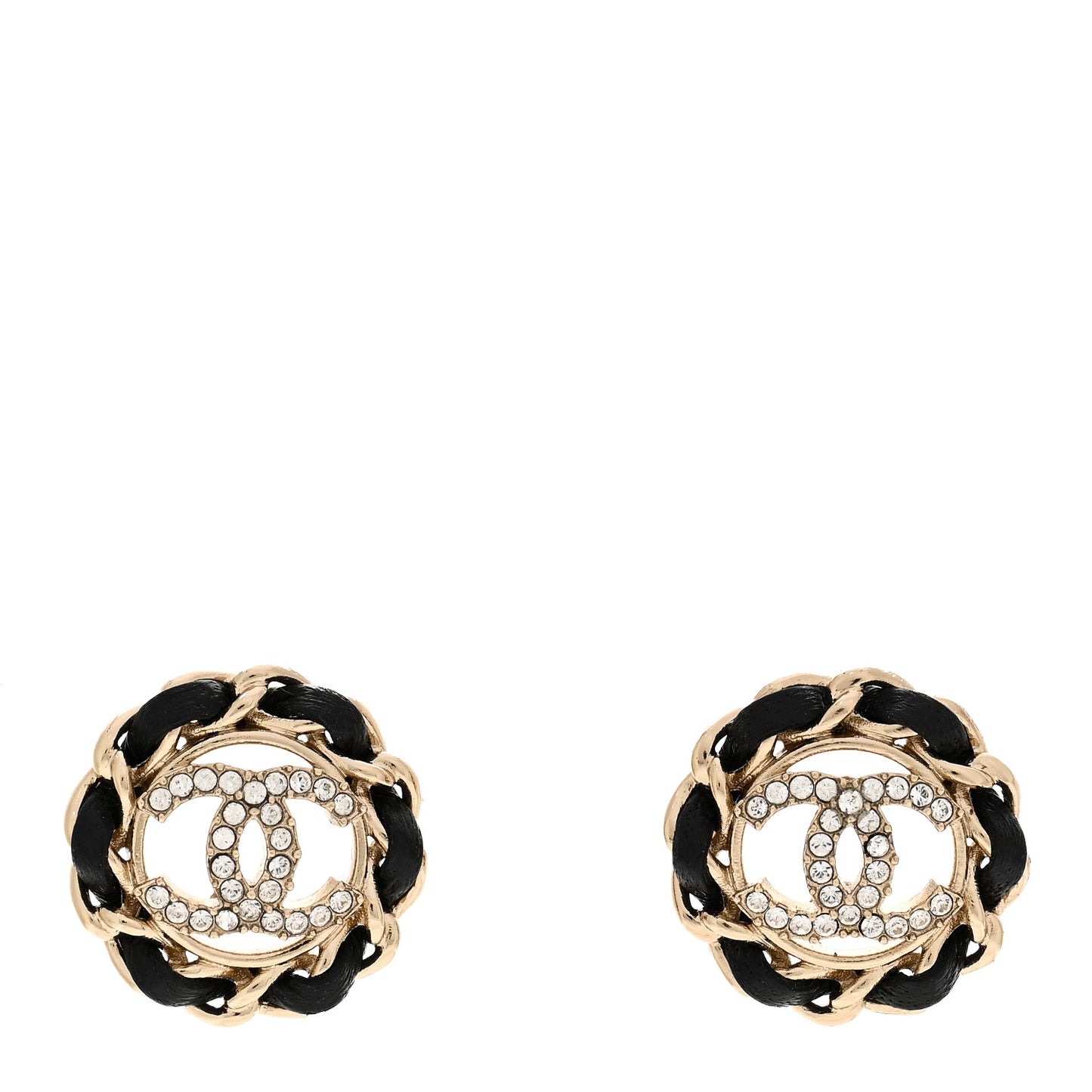 Crystal Lambskin Chain CC Stud Earrings Black Gold