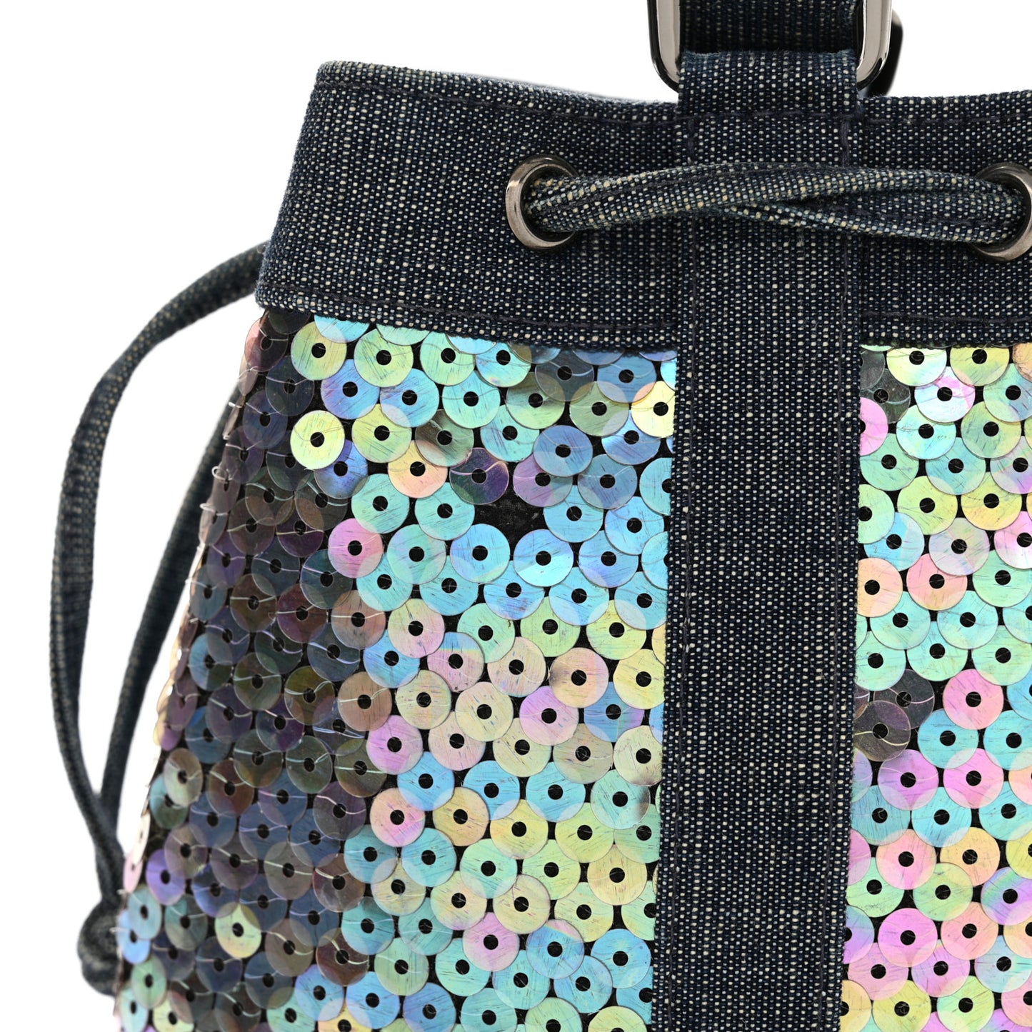 Sequin Denim Small Drawstring Bucket Bag Blue
