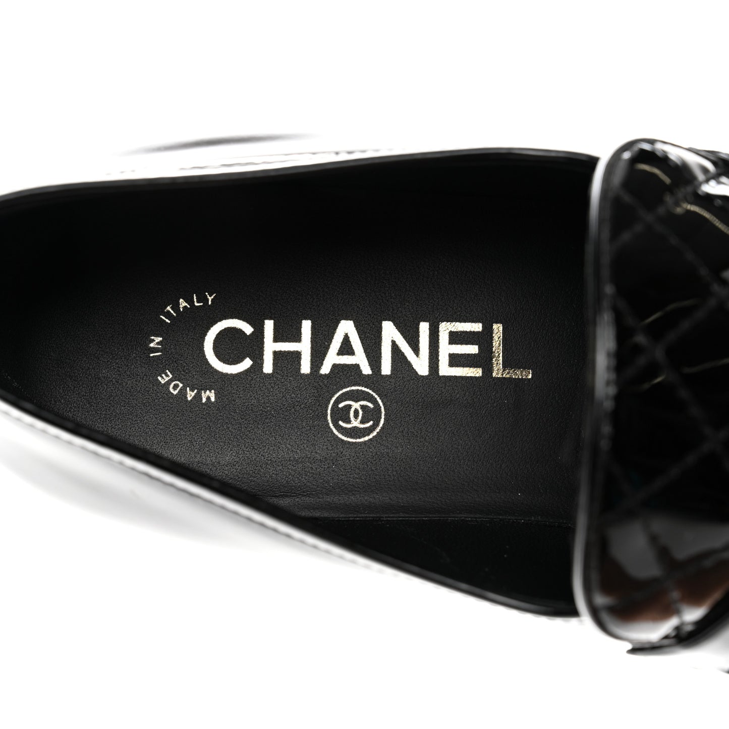 Patent Calfskin CC Chain Mocassin Loafers 38.5 Black