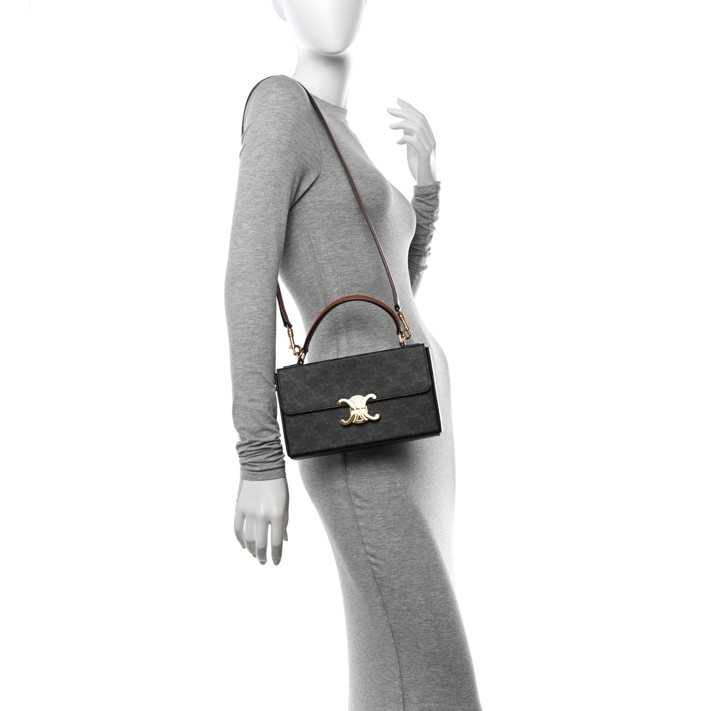 Canvas Calfskin Triomphe Box Top Handle Bag Tan