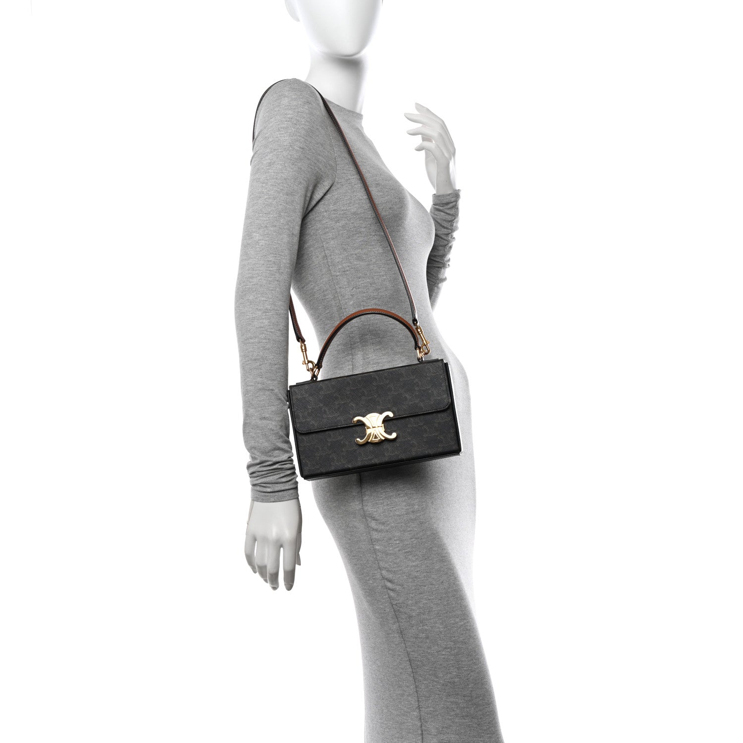 Celine Canvas Calfskin Triomphe Box Top Handle Bag Tan 2 of 10