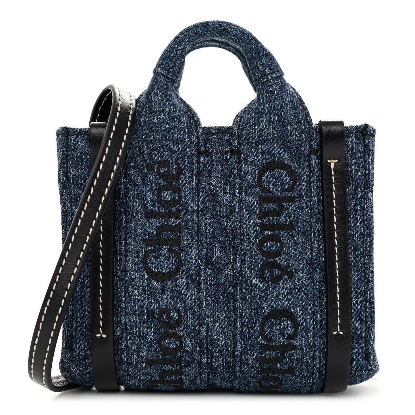Denim Calfskin Nano Woody Ribbon Tote With Strap Blue