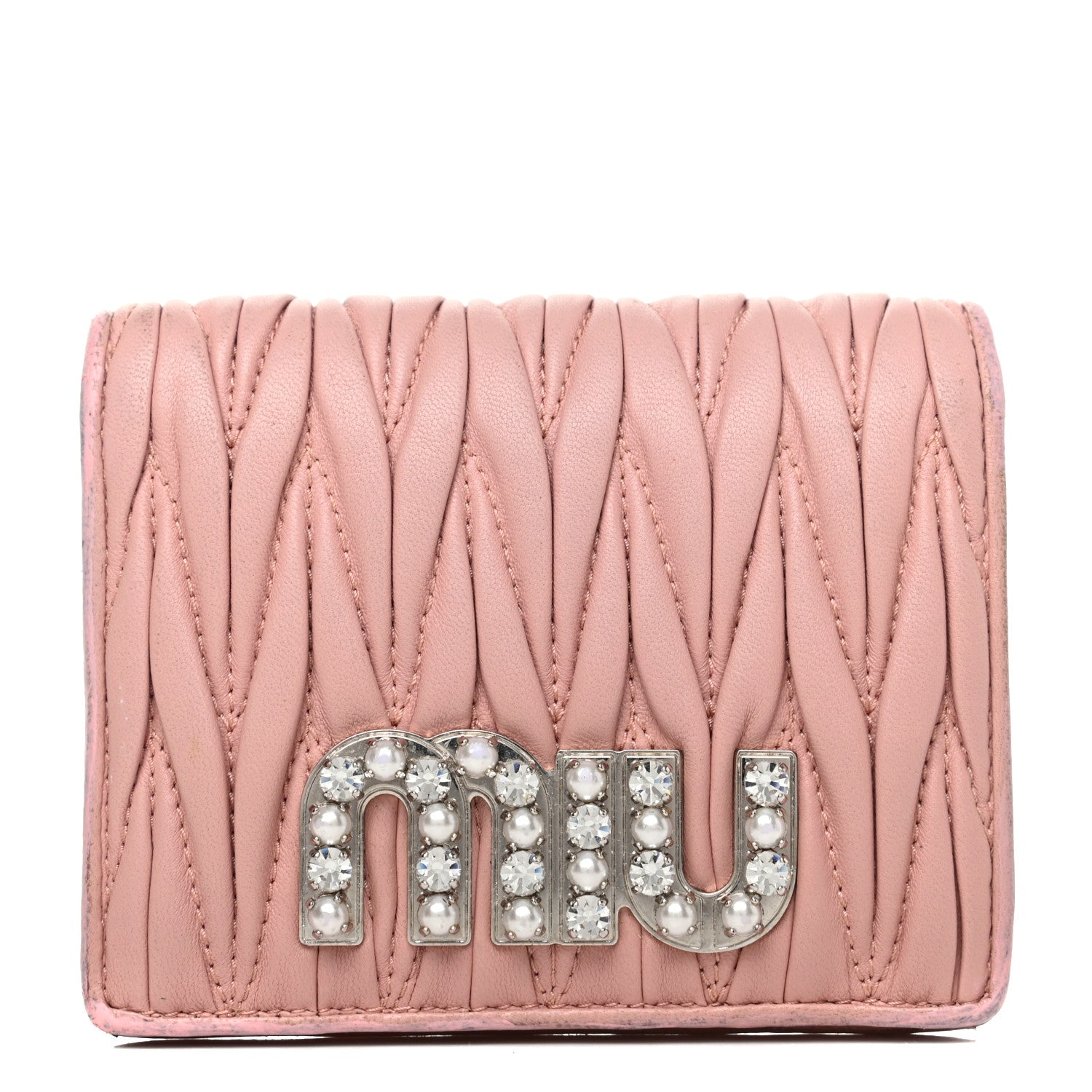 Miu Miu Nappa Matelasse Crystal Pearl Logo Compact Wallet Orchidea