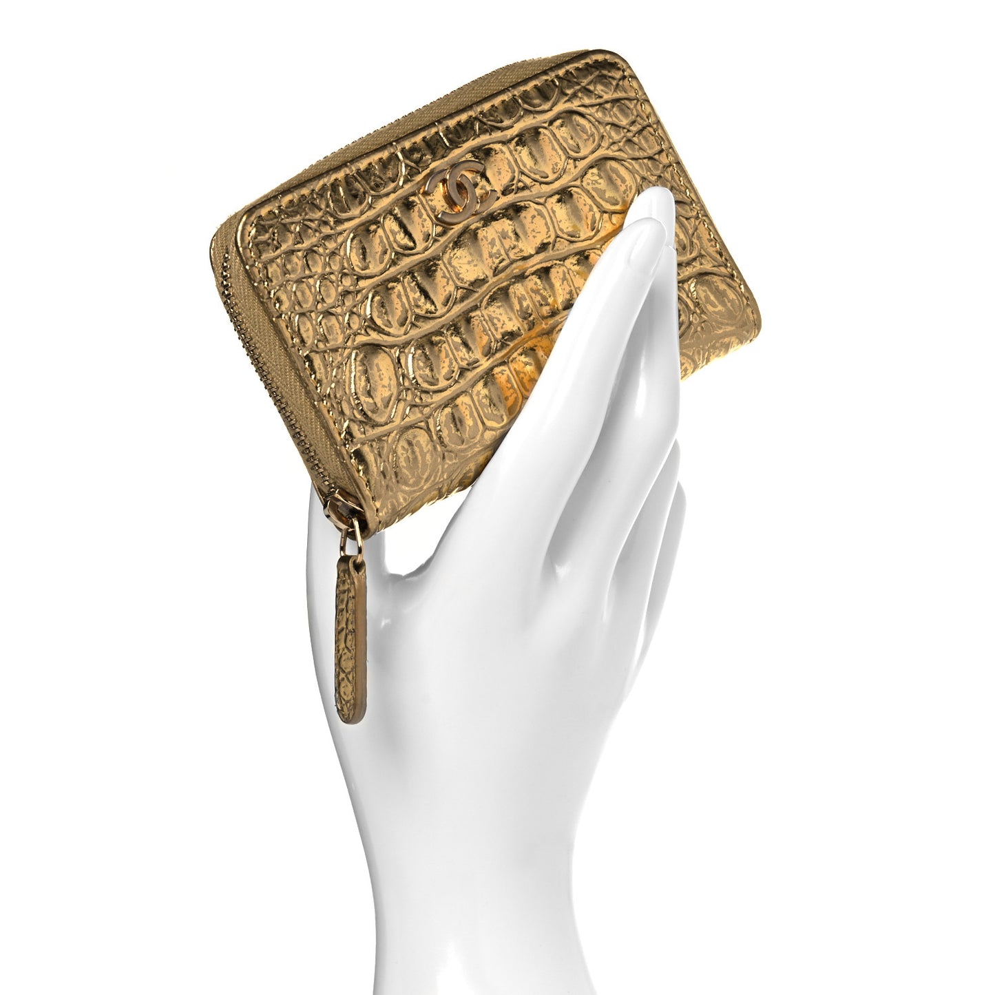 Metallic Calfskin Crocodile Embossed Cocodile Zip Coin Case Gold