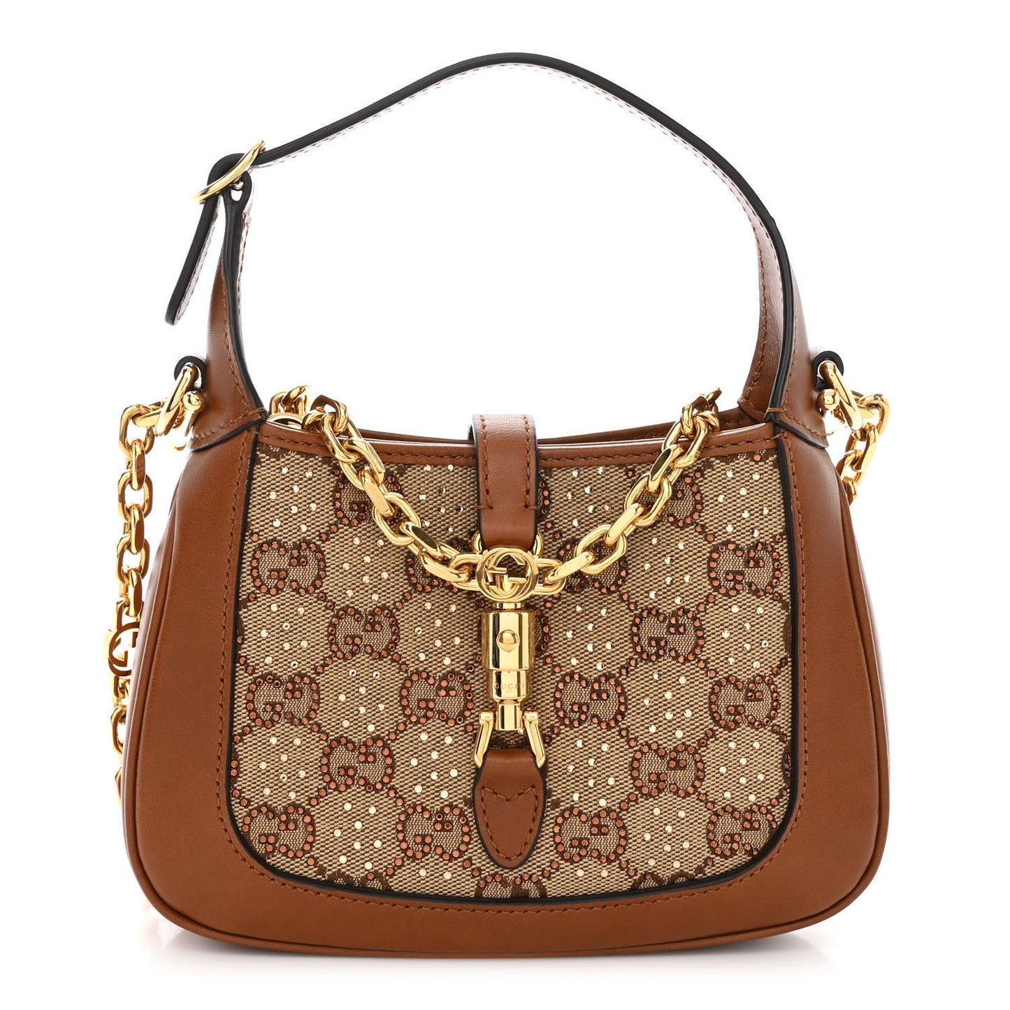 New Canvas Charisma Calfskin Crystal GG Monogram Mini Jackie 1961 Hobo Camel Ebony