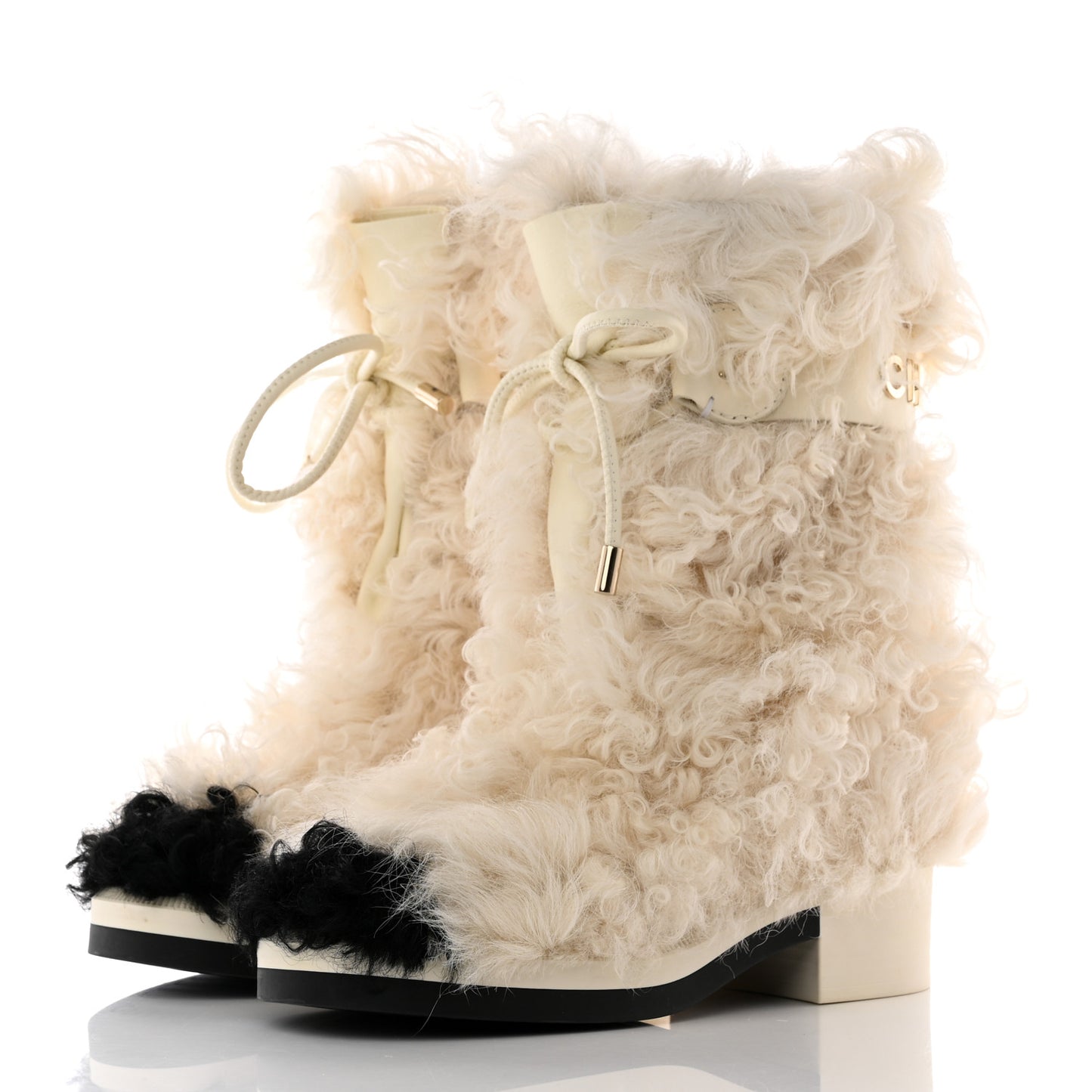 Shearling Sheepskin High Boots 35.5 Ivory Black
