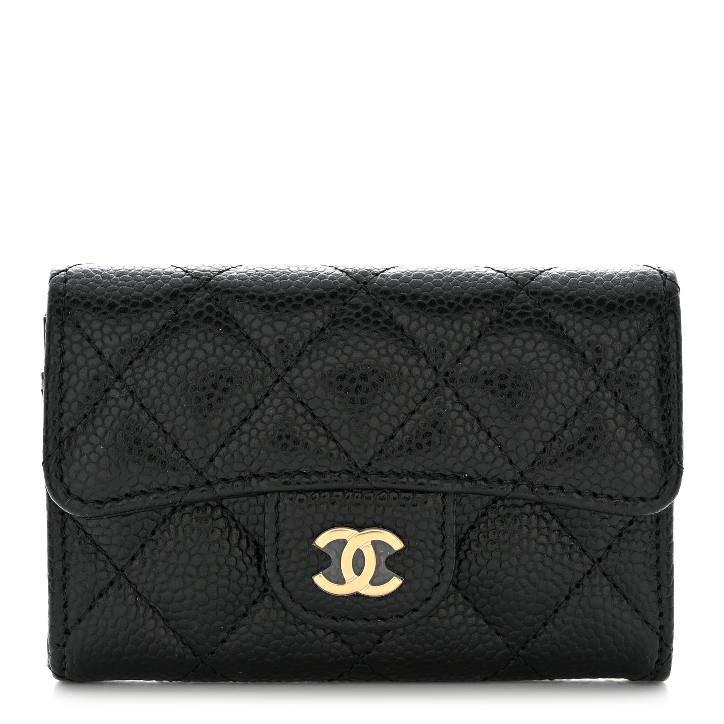 Caviar Quilted Flap Card Holder Wallet Black