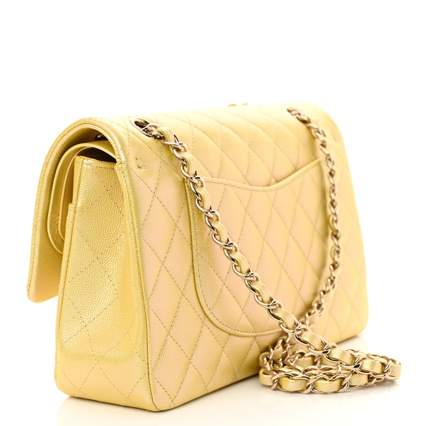 Iridescent Caviar Quilted Medium Double Flap Yellow
