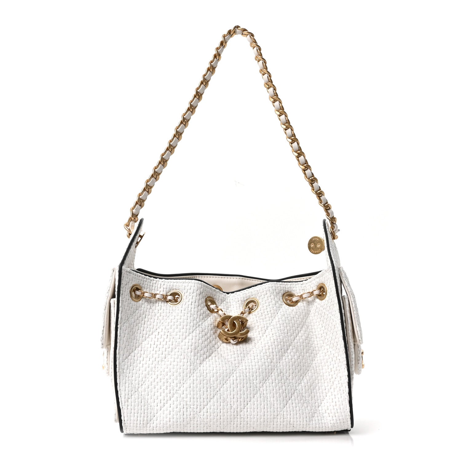 Chanel Braided Raffia Calfskin Mini Chanel 25 Handbag White Black