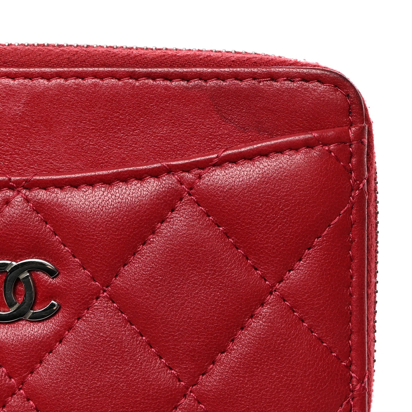 Lambskin Quilted CC Zip Around Card Holder Red
