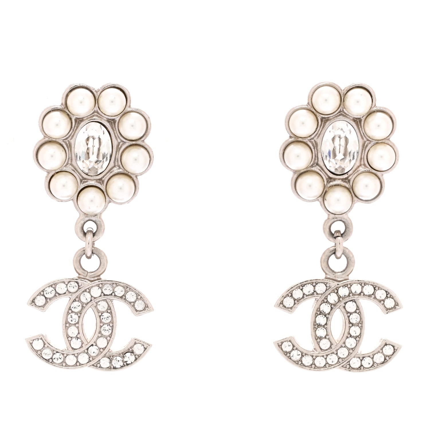 Chanel Crystal Pearl Coco Mark CC Drop Earrings Silver 1785942 Chanel Crystal Pearl Coco Mark CC Drop Earrings Silver 1785942
