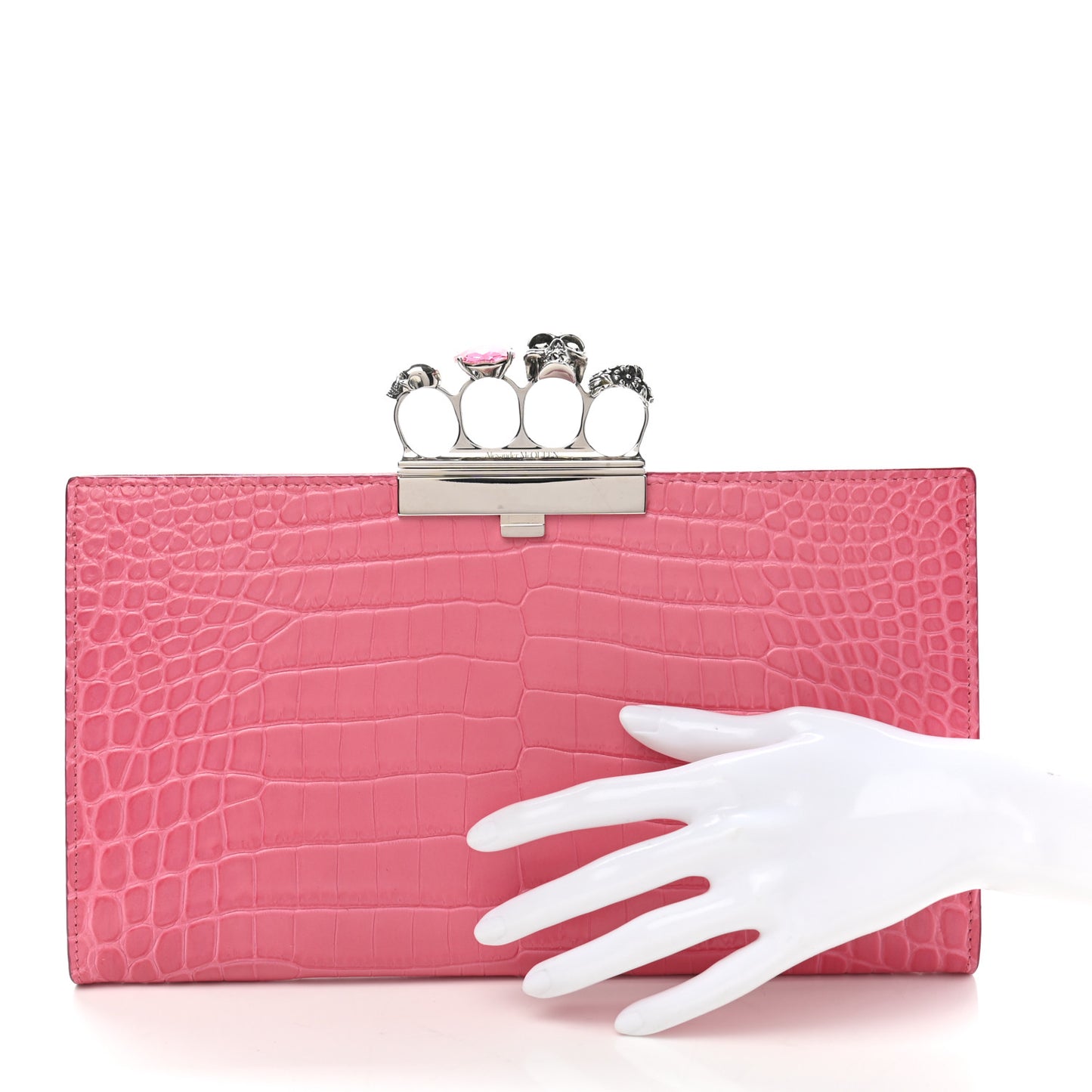 Calfskin Crocodile Embossed Knuckle Flat Clutch Pink