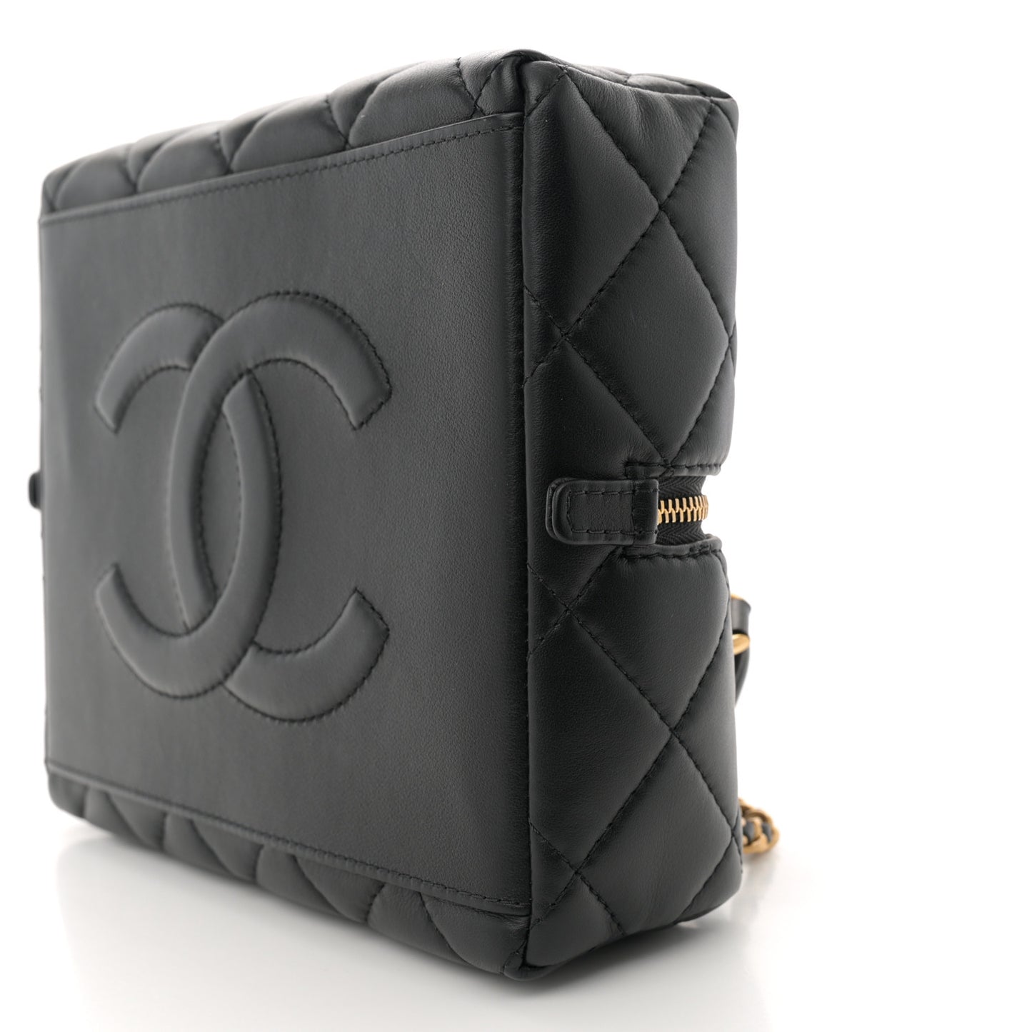 Calfskin Quilted Square Top Handle Vanity Case Black