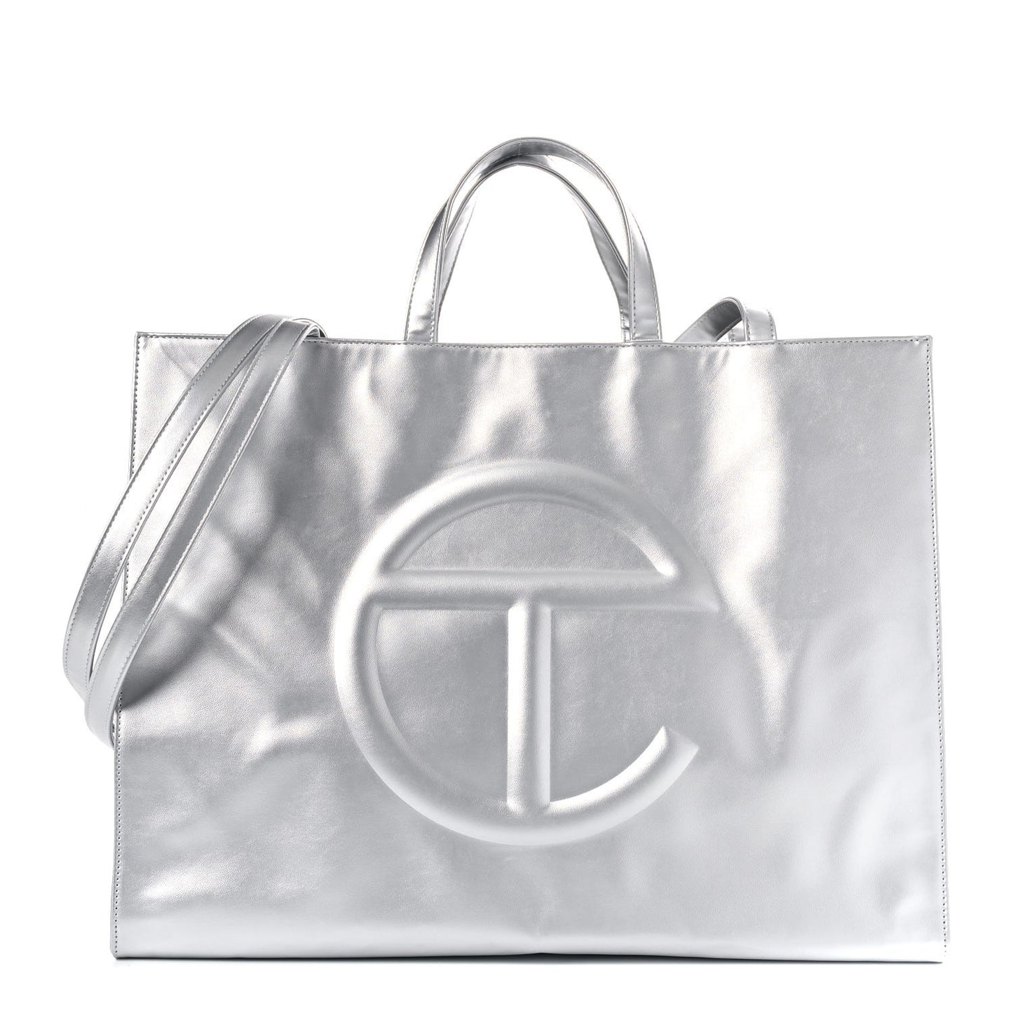 Metallic Vegan Leather Large Shopping Bag Silver