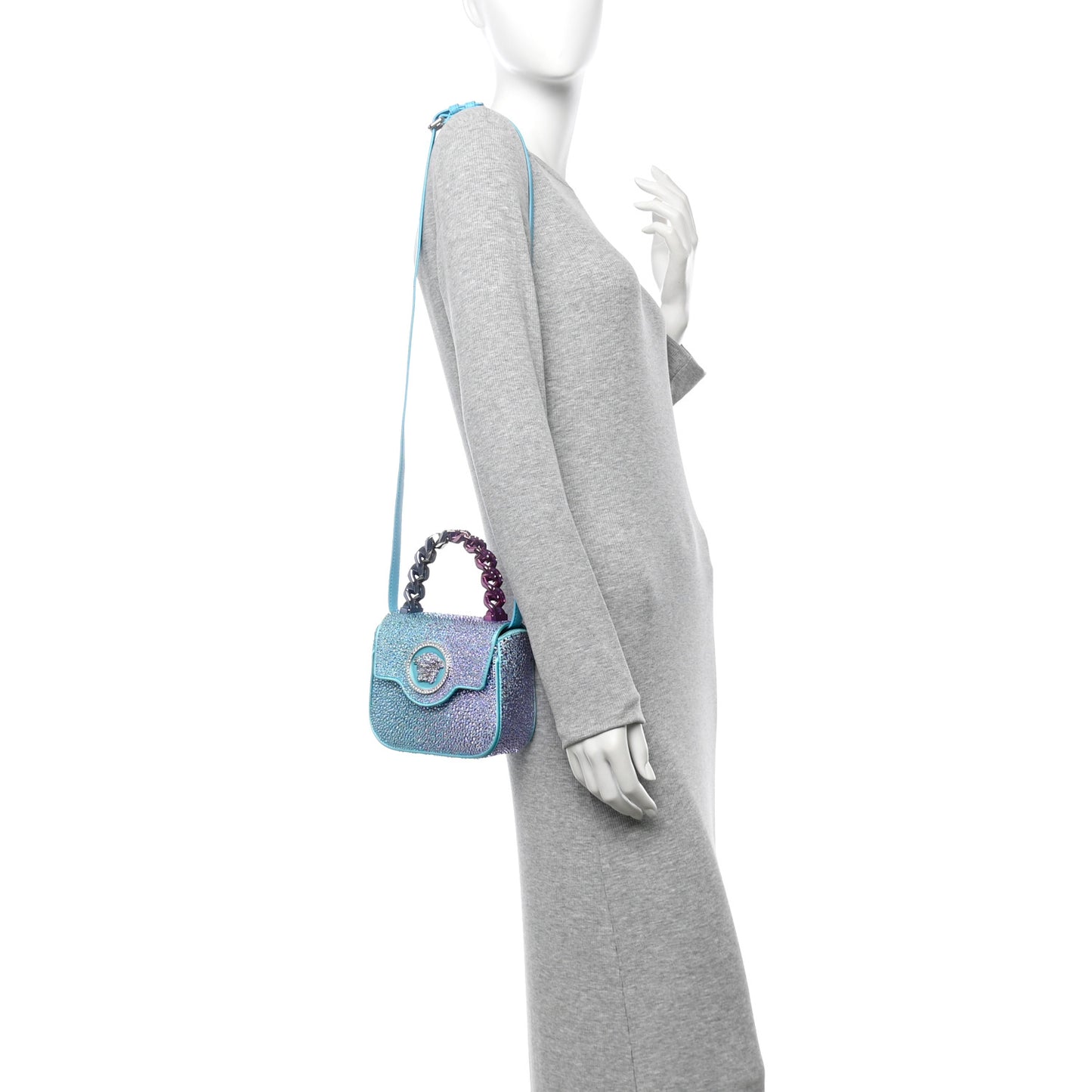 Satin Crystal Studded Mini La Medusa Bag Blue