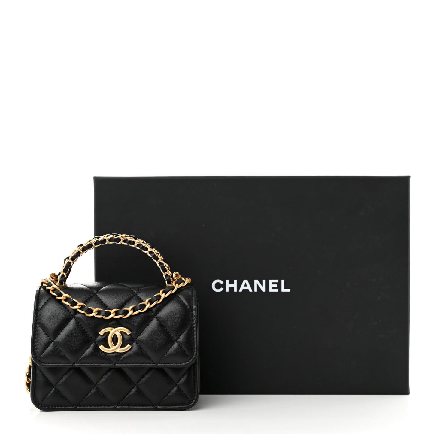 Lambskin Quilted Chain Top Handle Clutch With Chain Black