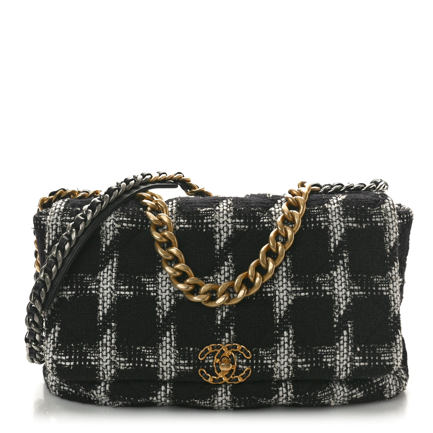 Tweed Quilted Large Chanel 19 Flap Black Ecru White