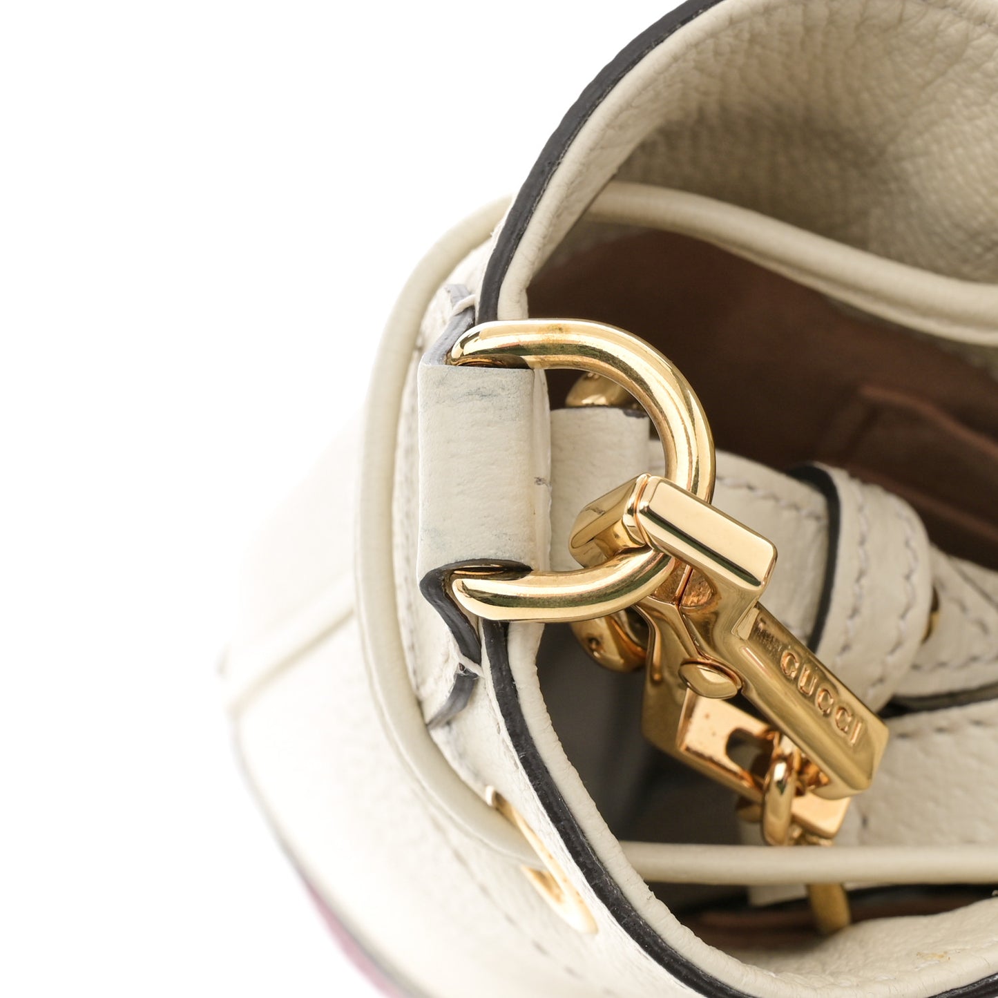 Glazed Textured Calfskin Web Small Ophidia Bucket Bag Mystic White