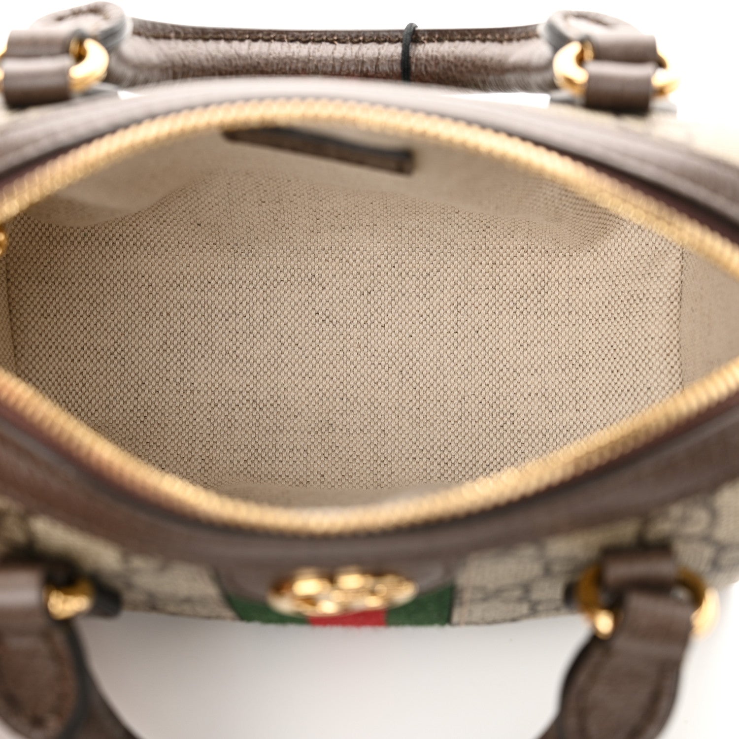 Gucci GG Supreme Monogram Textured Dollar Calfskin Web Super Mini Ophidia Top Handle Bowler Bag Beige Ebony New Acero 5 of 12