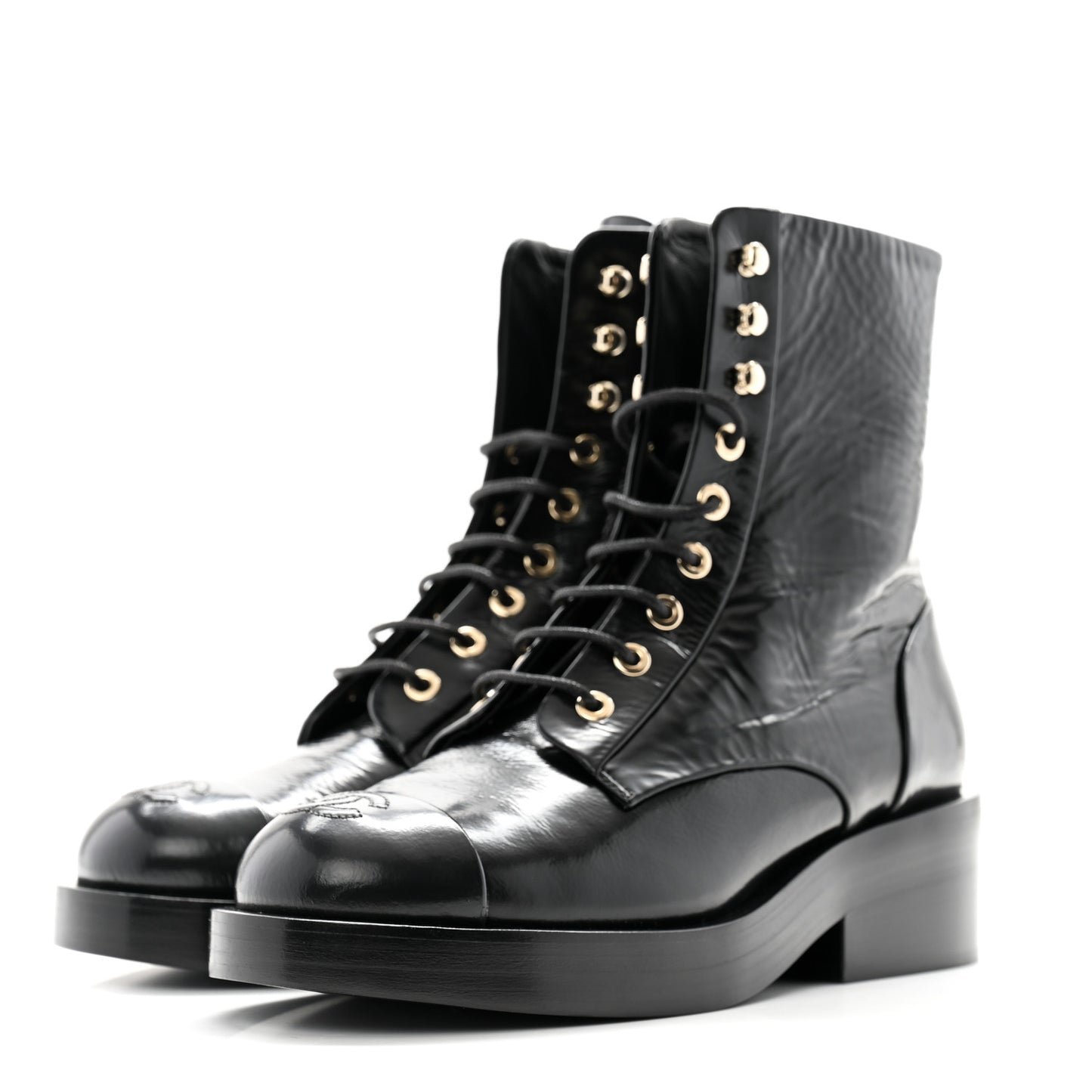 Shiny Goatskin Cap Toe Combat Boots 36.5 Black