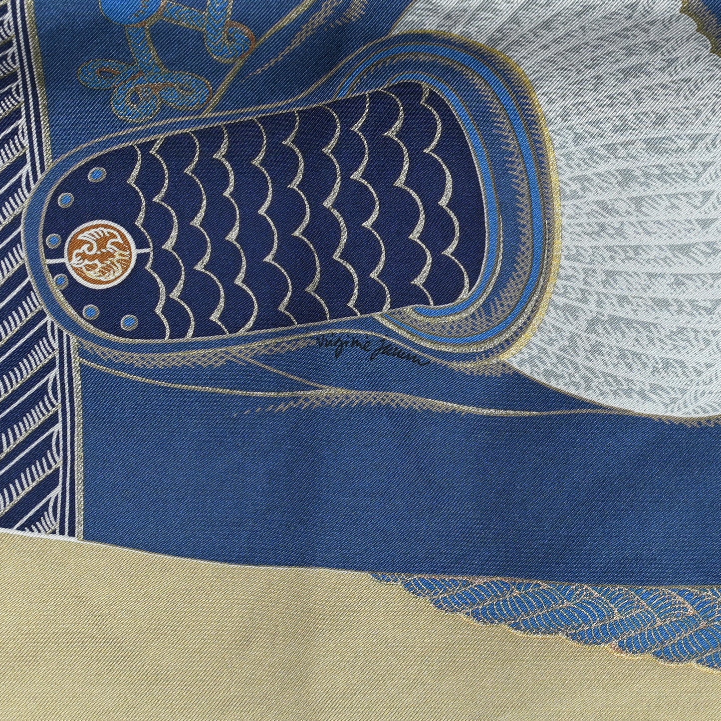 Silk Zouaves Et Dragons Wash Scarf 90 Marine Beige Black