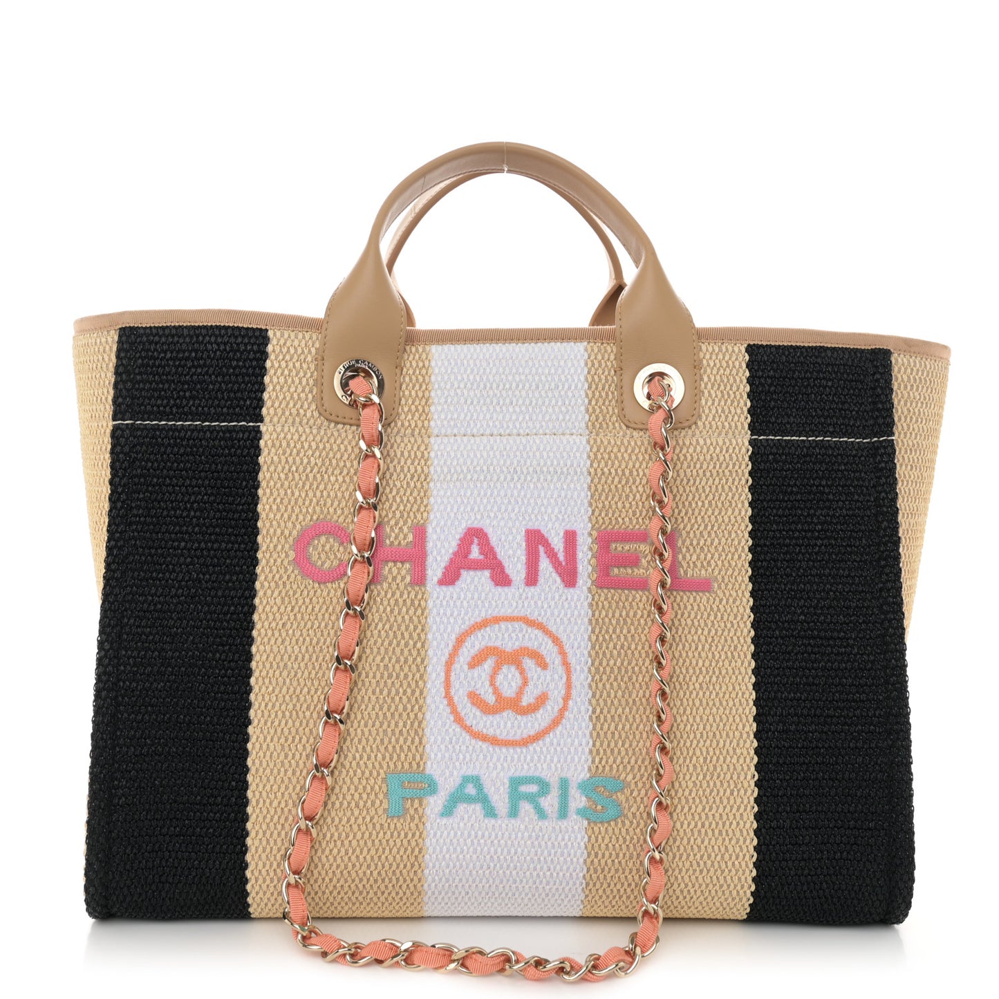 Straw Raffia Calfskin Striped Medium Deauville Tote Black Beige Ivory