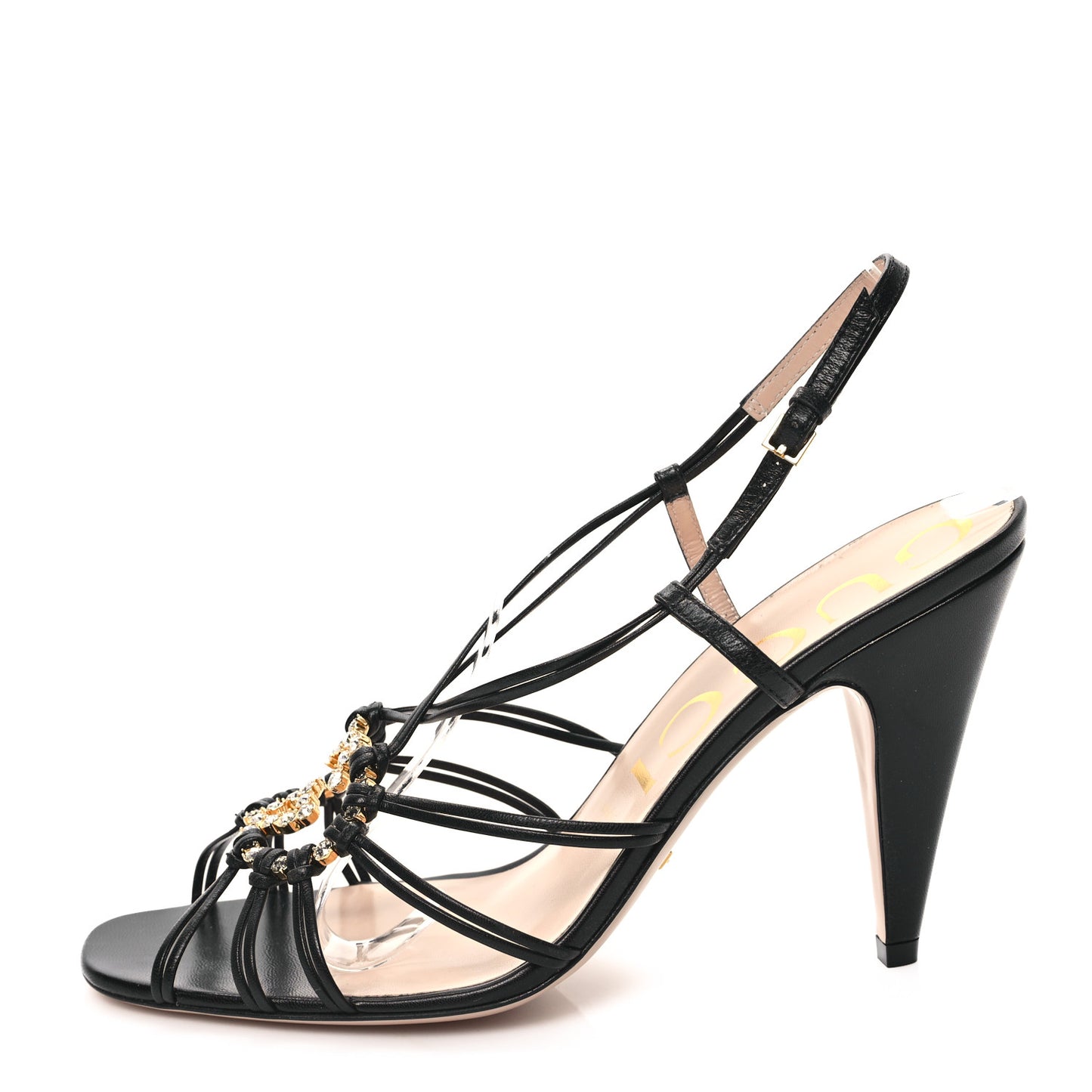 Calfskin Crystal GG Isa Ankle Strap Mid Heel Sandals 39.5 Black