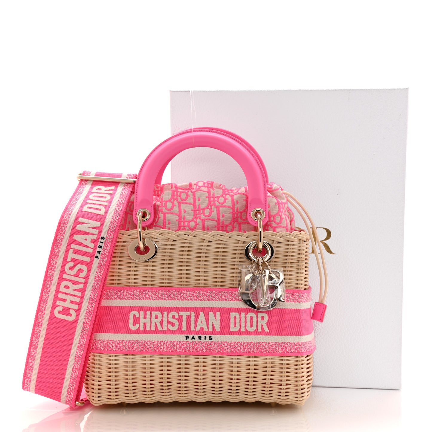 Wicker Oblique Medium Lady Dior Bag Fluorescent Pink
