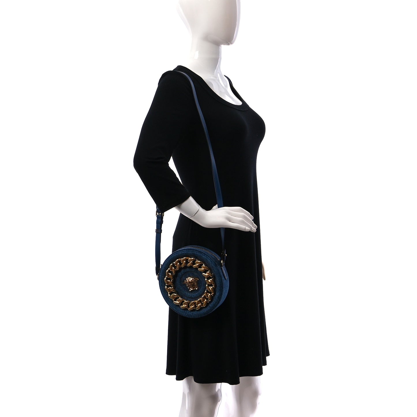 Denim Mini La Medusa Chain Round Crossbody Bag Navy Blue