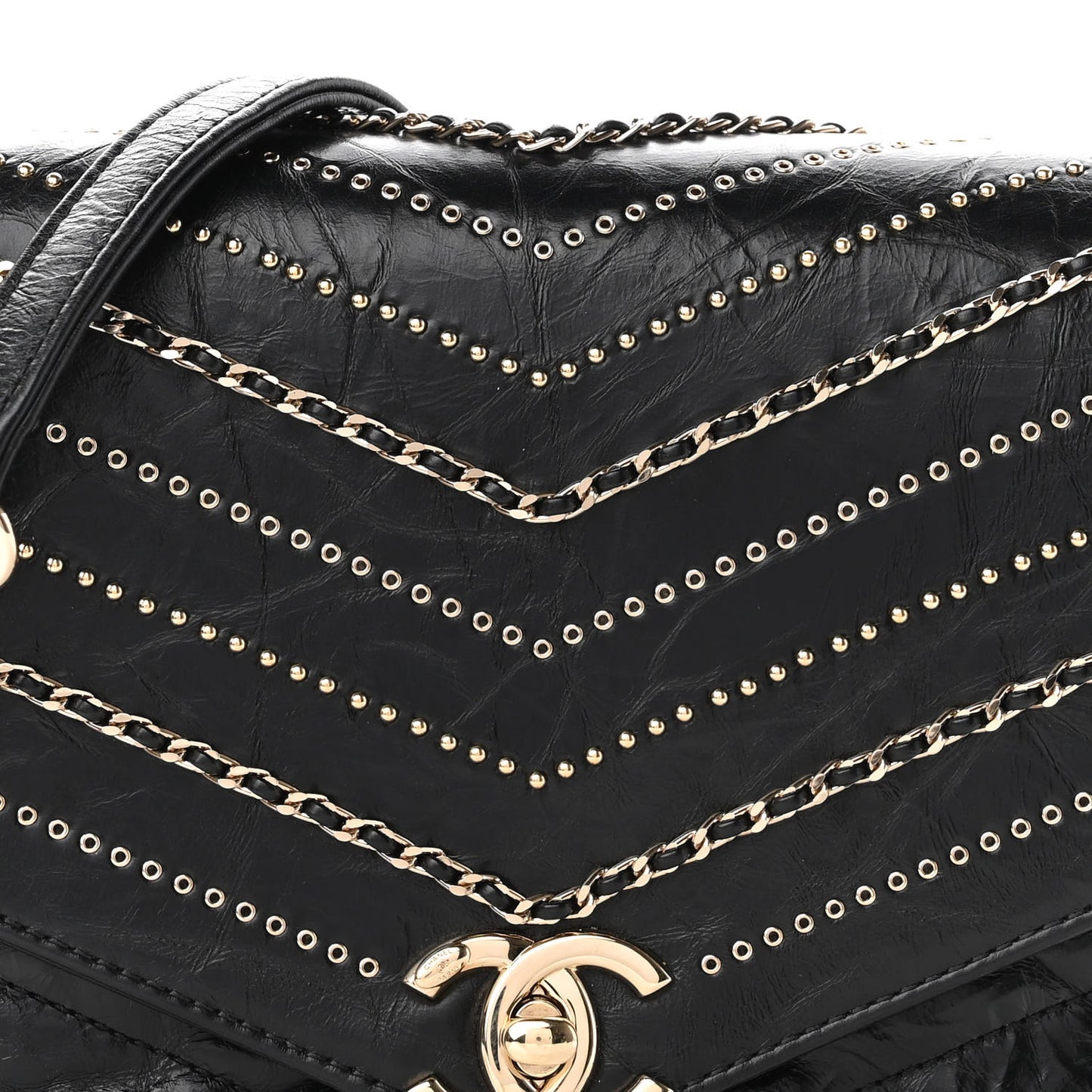 Crumpled Calfskin Chevron Chain Mini Square Flap Black