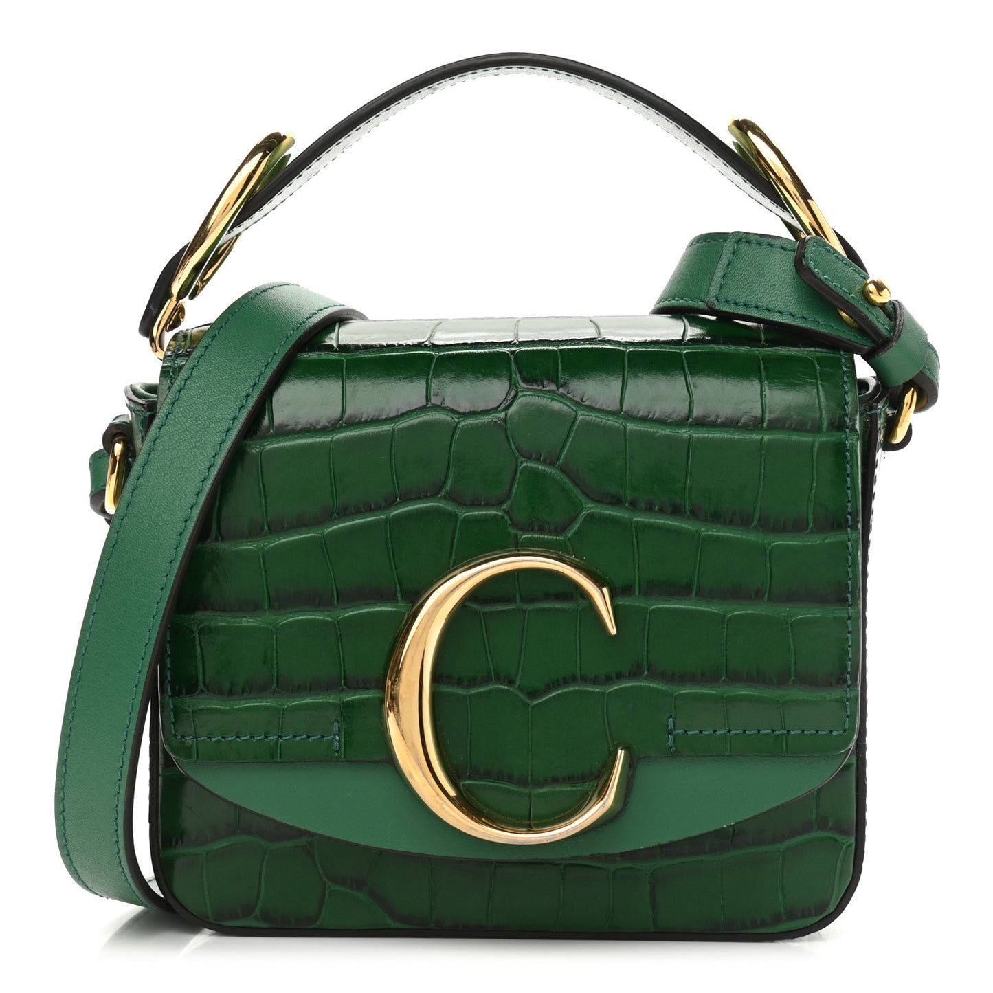 Calfskin Crocodile Embossed Mini C Double Carry Woodsy Green