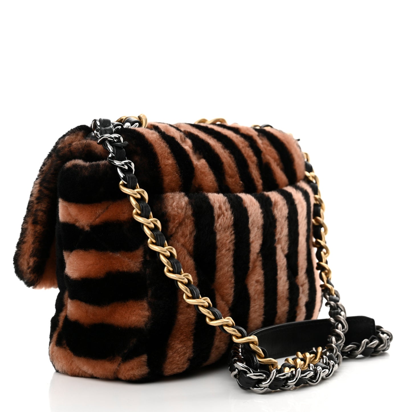 Shearling Striped Medium Chanel 19 Flap Black Beige