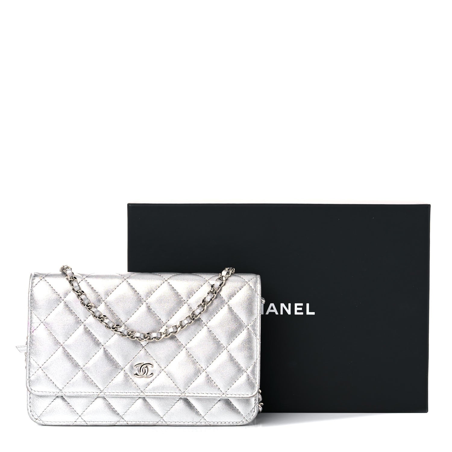 Chanel Metallic Lambskin Quilted Wallet On Chain WOC Silver 26 of 26