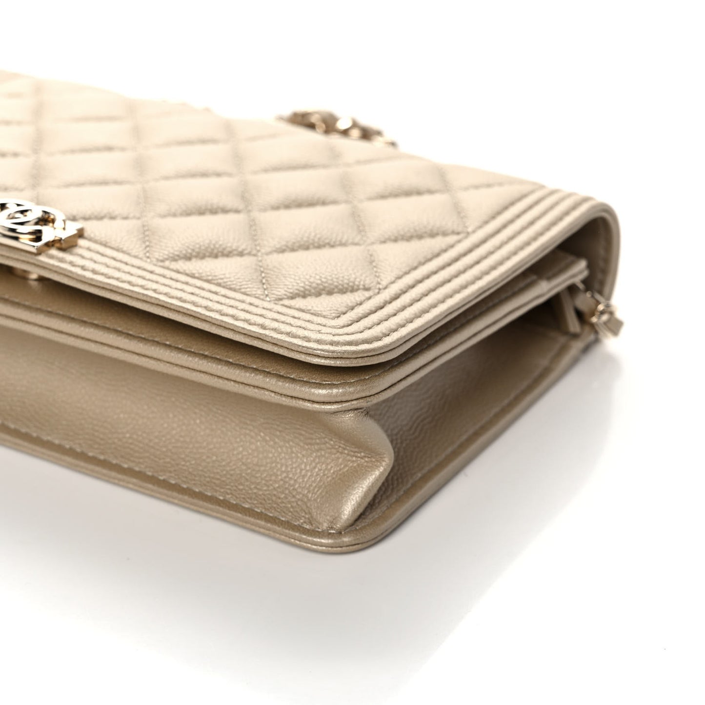 Metallic Caviar Quilted Boy Wallet On Chain WOC Light Gold