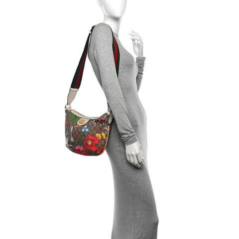 GG Supreme Monogram Flora Web Small Ophidia Half Moon Hobo White
