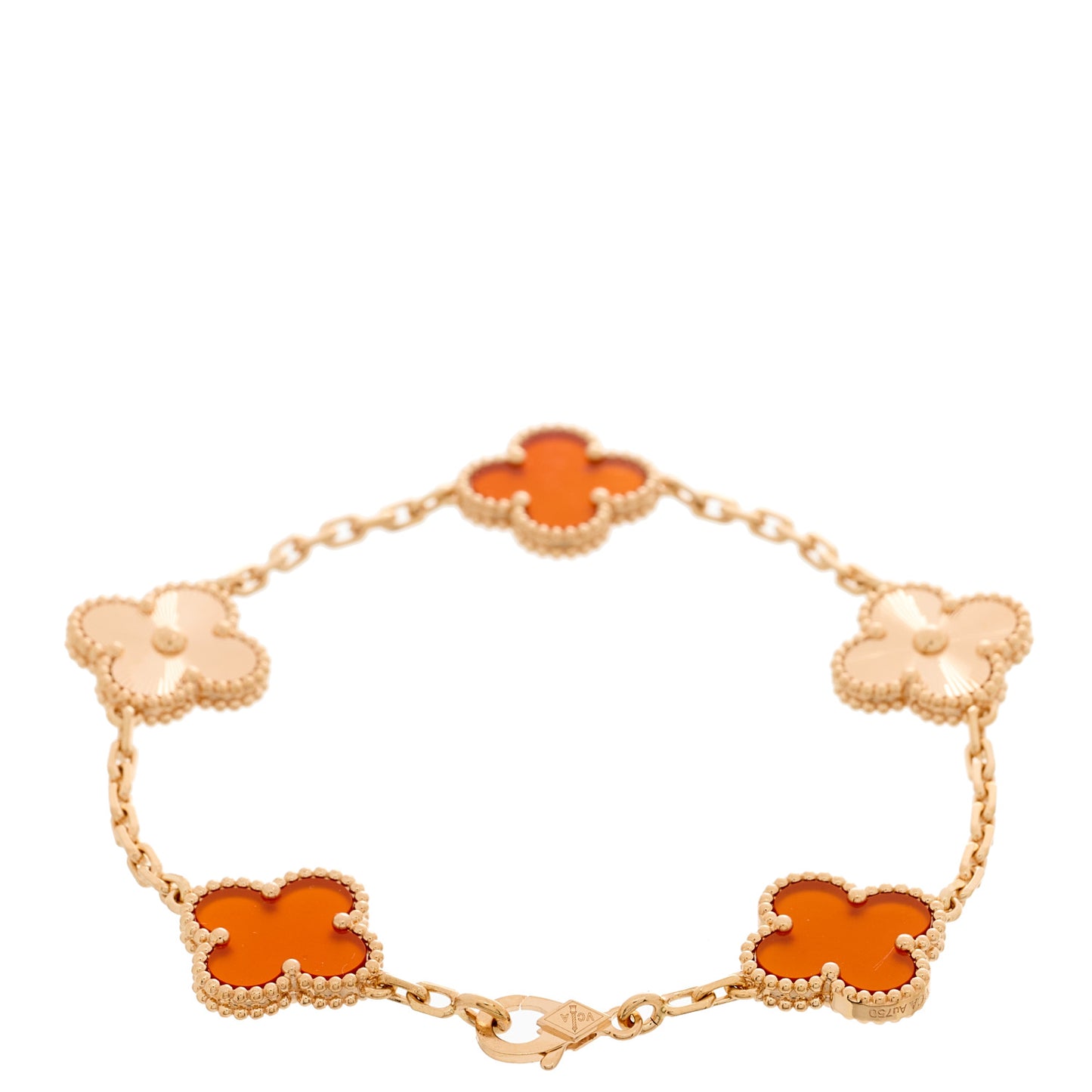18K Rose Gold Carnelian 5 Motifs Guilloche Vintage Alhambra Bracelet