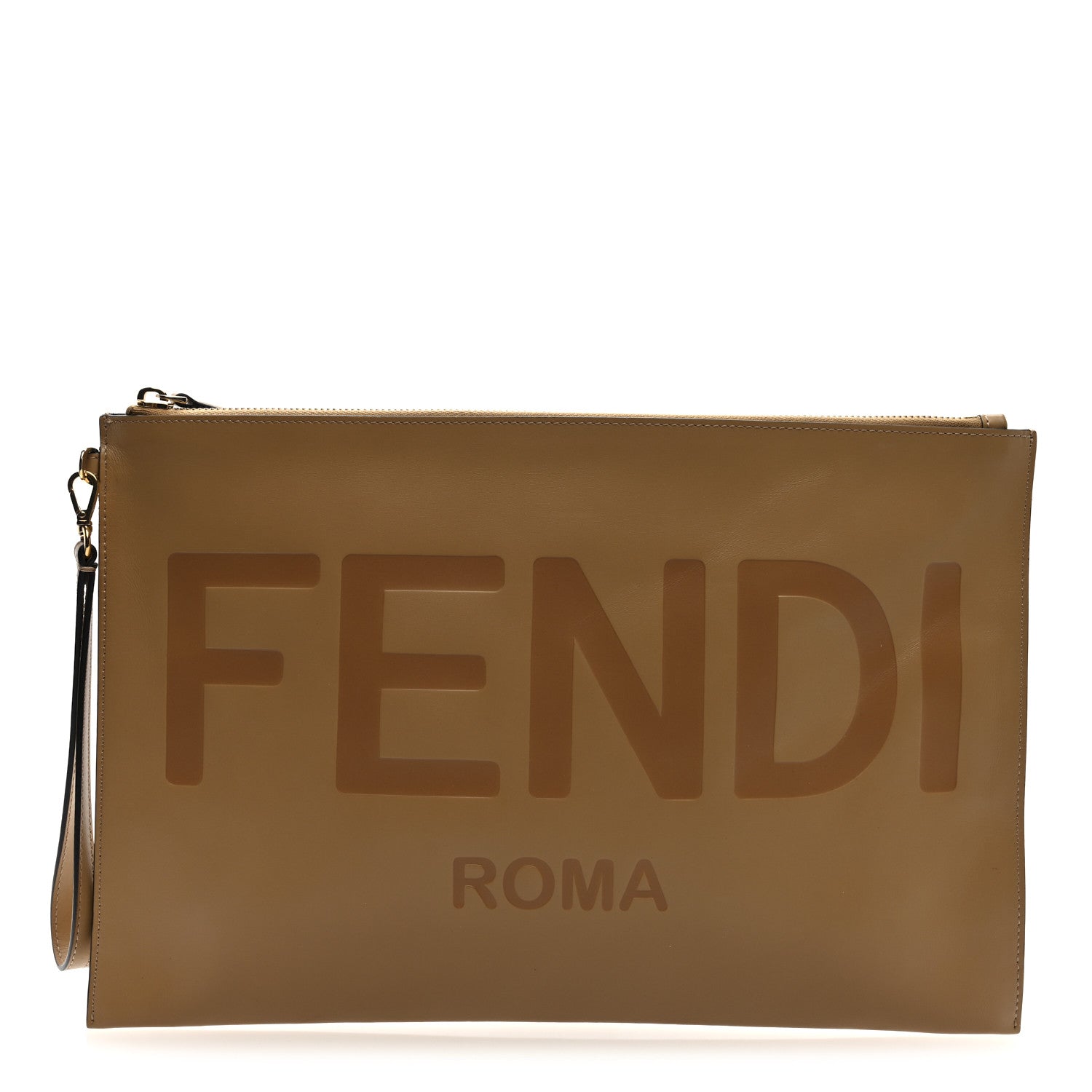 Fendi Vitello King Logo Embossed Large Flat Pouch Miele Scuro