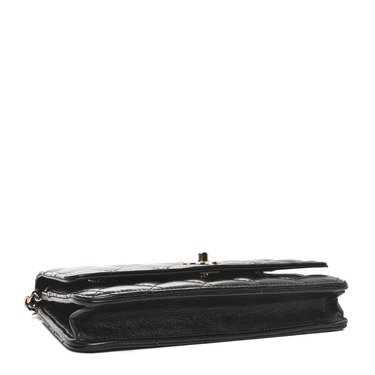 Shiny Aged Calfskin Enamel Logo Quilted Wallet On Chain WOC Black