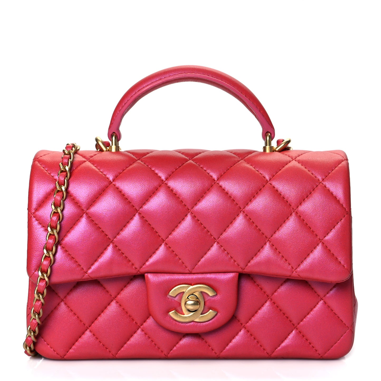Iridescent Lambskin Quilted Mini Top Handle Rectangular Flap Red