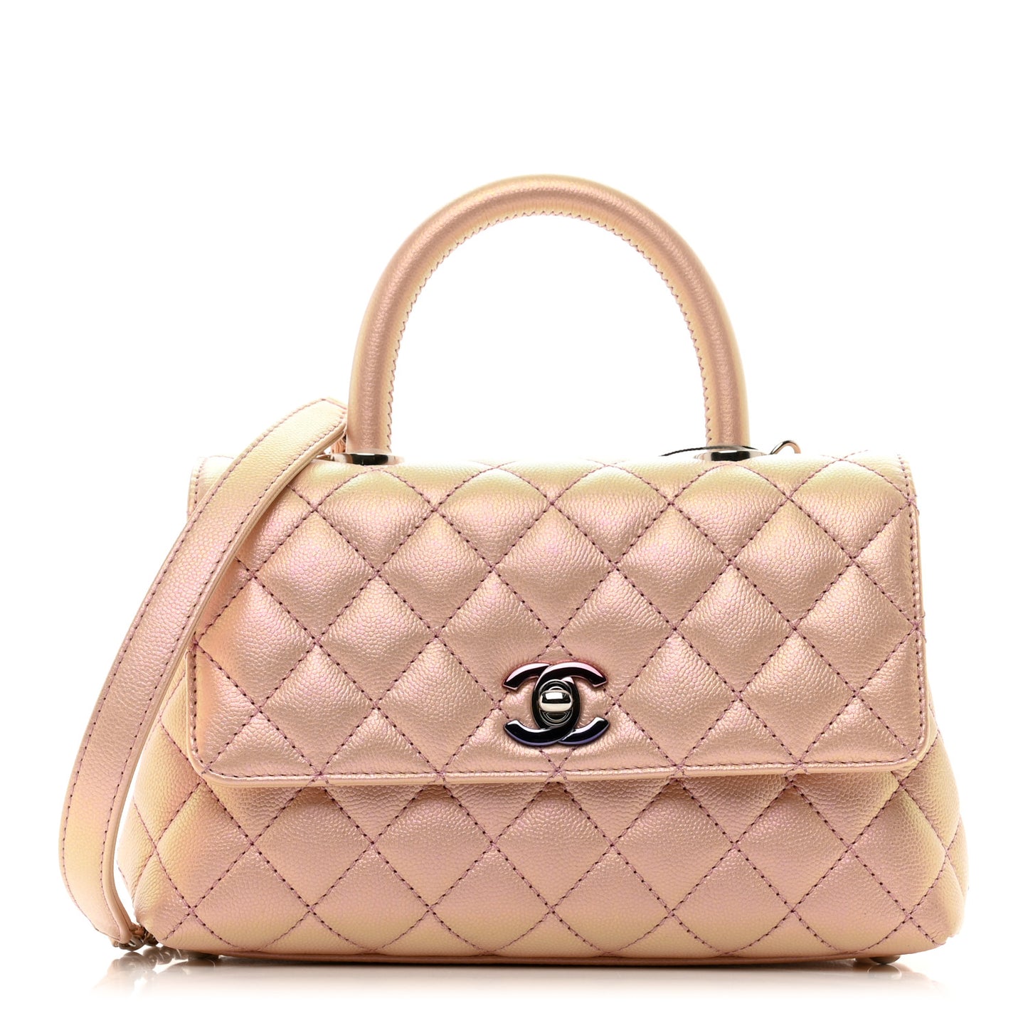 Iridescent Caviar Quilted Mini Coco Handle Flap Pink