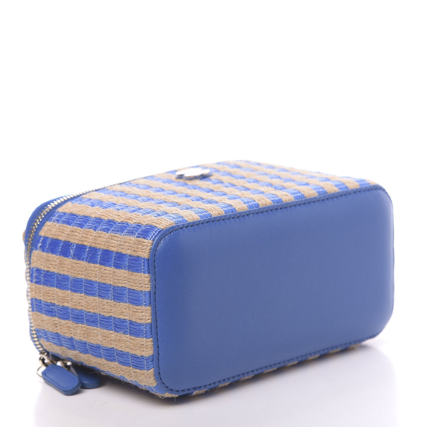 Raffia Jute Striped Small Vanity Case With Chain Blue Beige