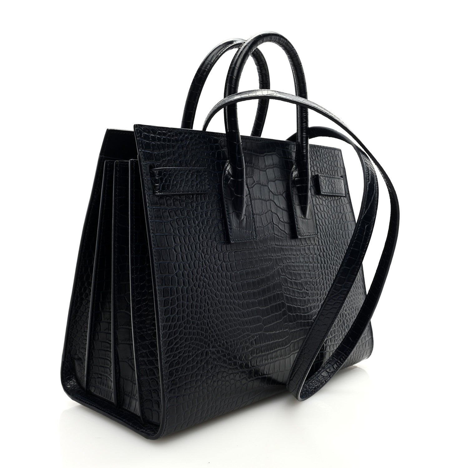 Saint Laurent Calfskin Crocodile Embossed Small Supple Sac de Jour Navy 3 of 8