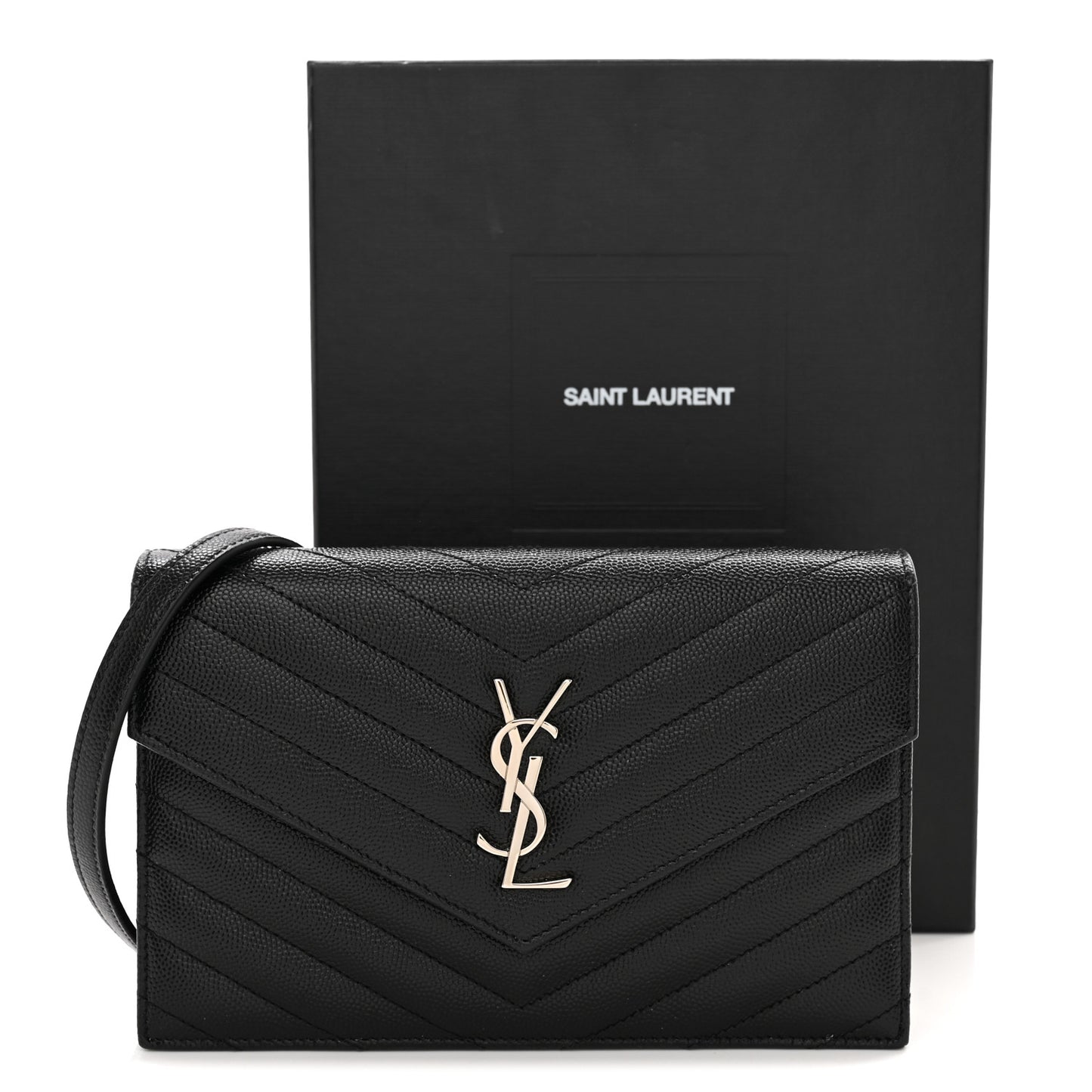 Grain De Poudre Matelasse Chevron Monogram Envelope Chain Wallet Black