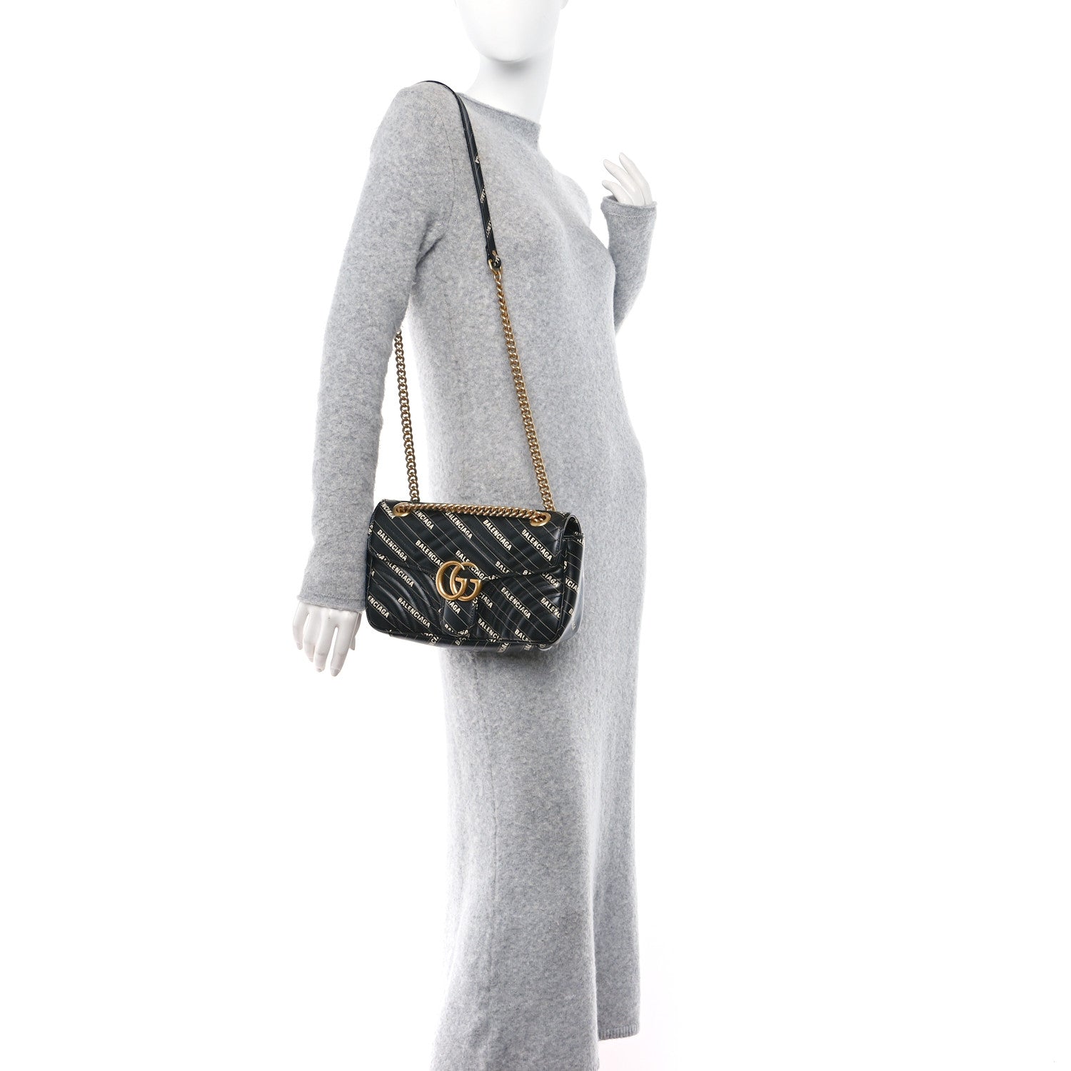 Gucci X BALENCIAGA Calfskin Matelasse Logo Print Small GG Marmont Shoulder Bag Black 2 of 13